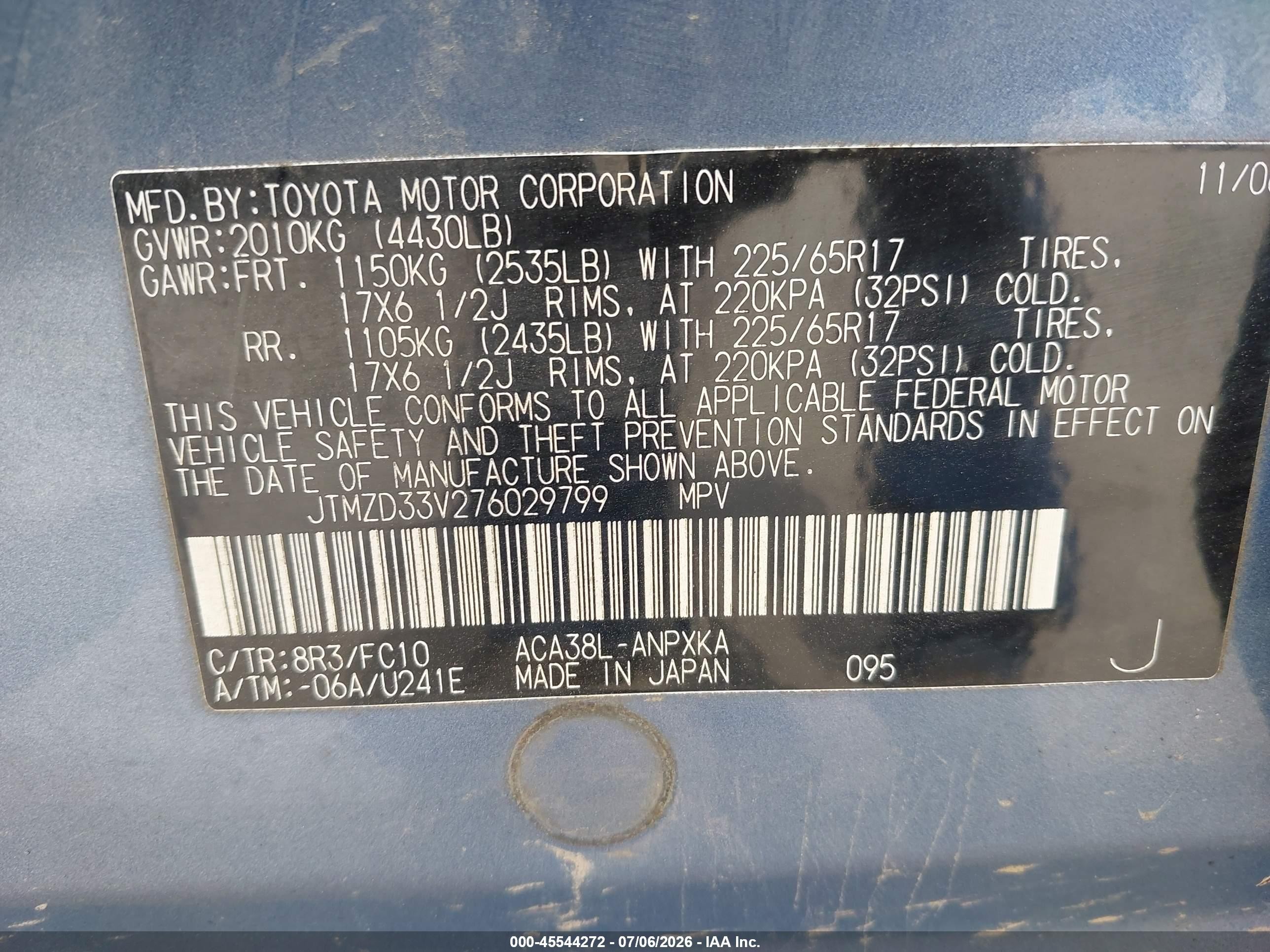 2007 Toyota Rav4   Blue vin: JTMZD33V276029799