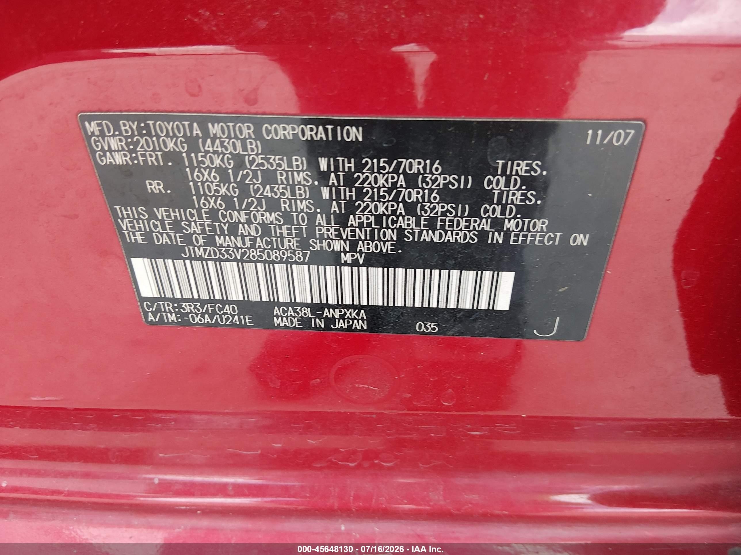 2008 Toyota Rav4   Red vin: JTMZD33V285089587