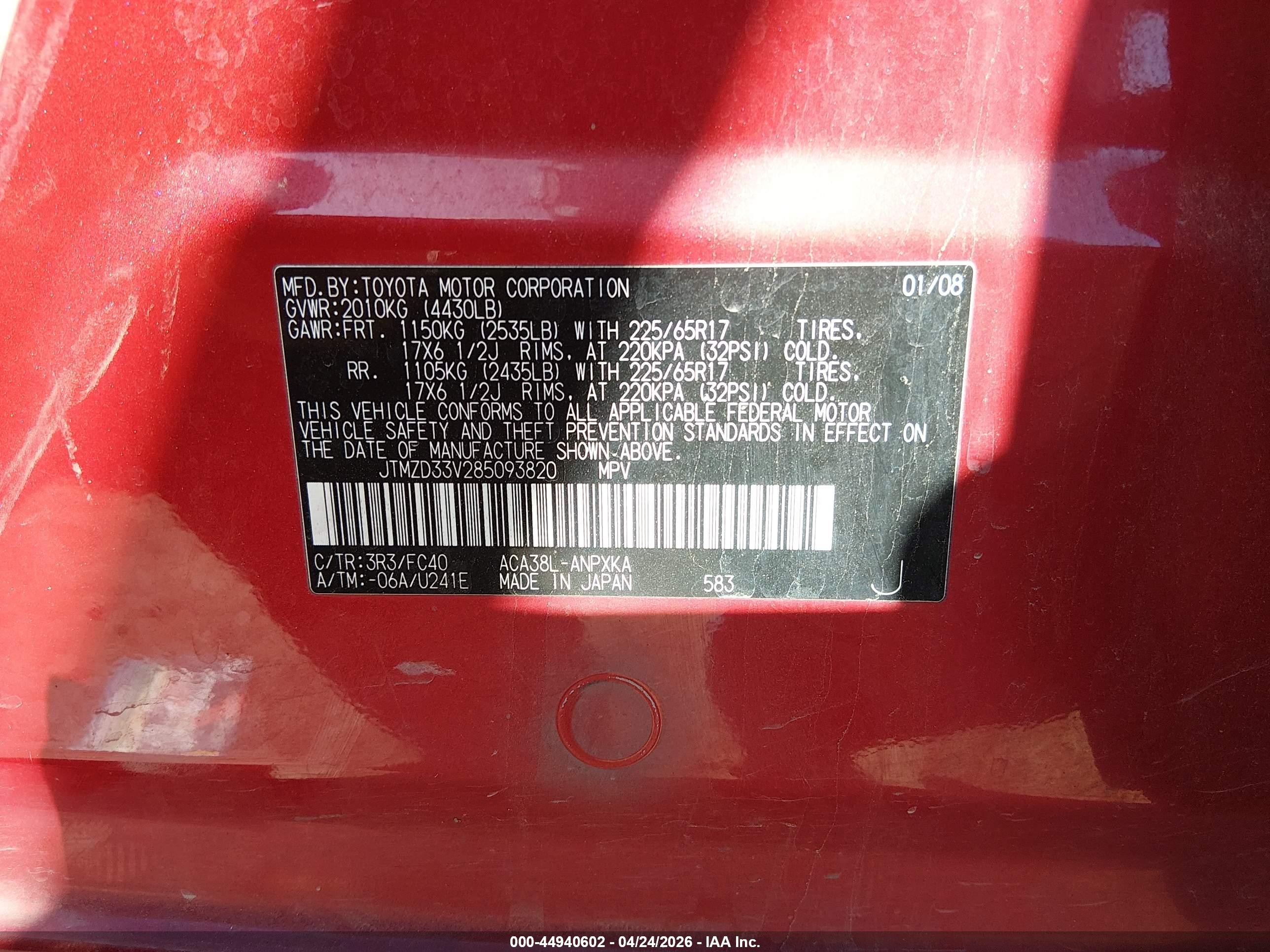 2008 Toyota Rav4   Red vin: JTMZD33V285093820