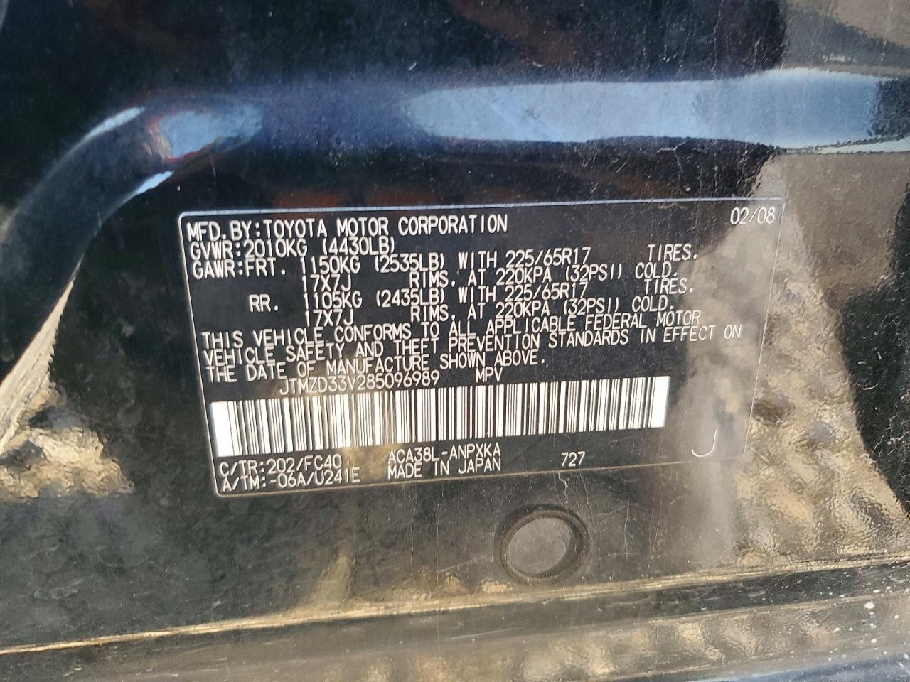 2008 Toyota Rav4 Base Black vin: JTMZD33V285096989