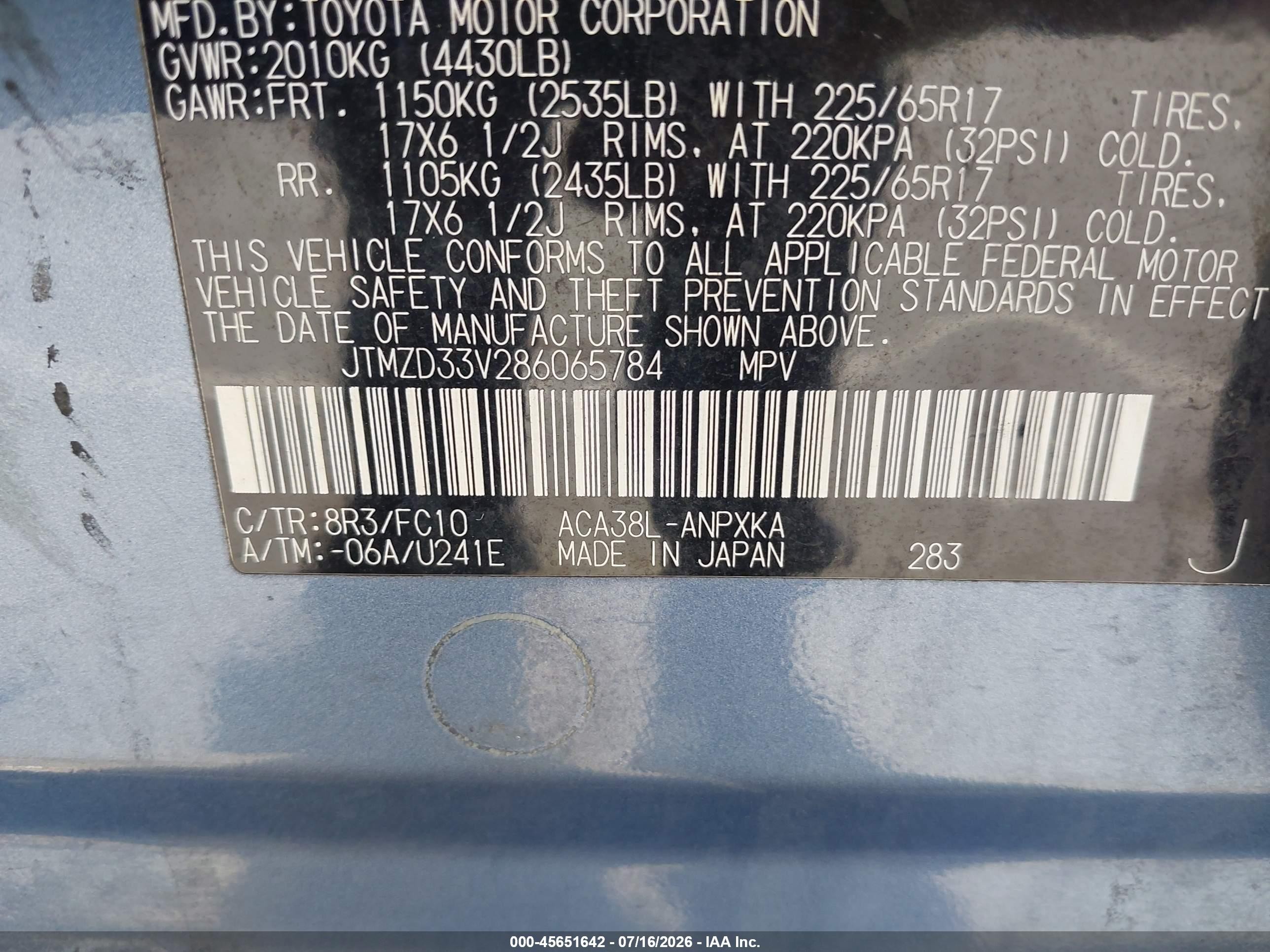 2008 Toyota Rav4   Blue vin: JTMZD33V286065784