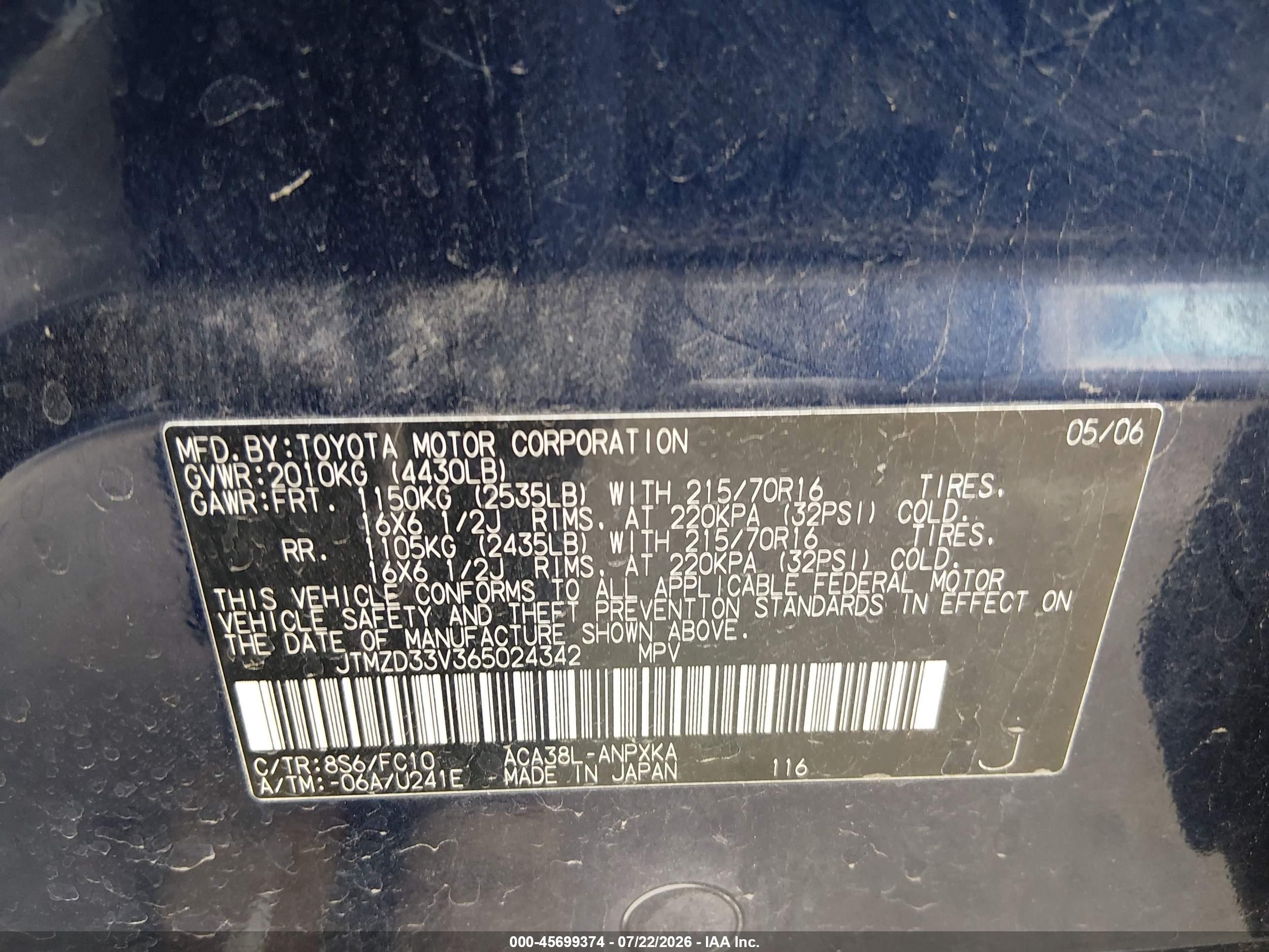 2006 Toyota Rav4   Dark Blue vin: JTMZD33V365024342