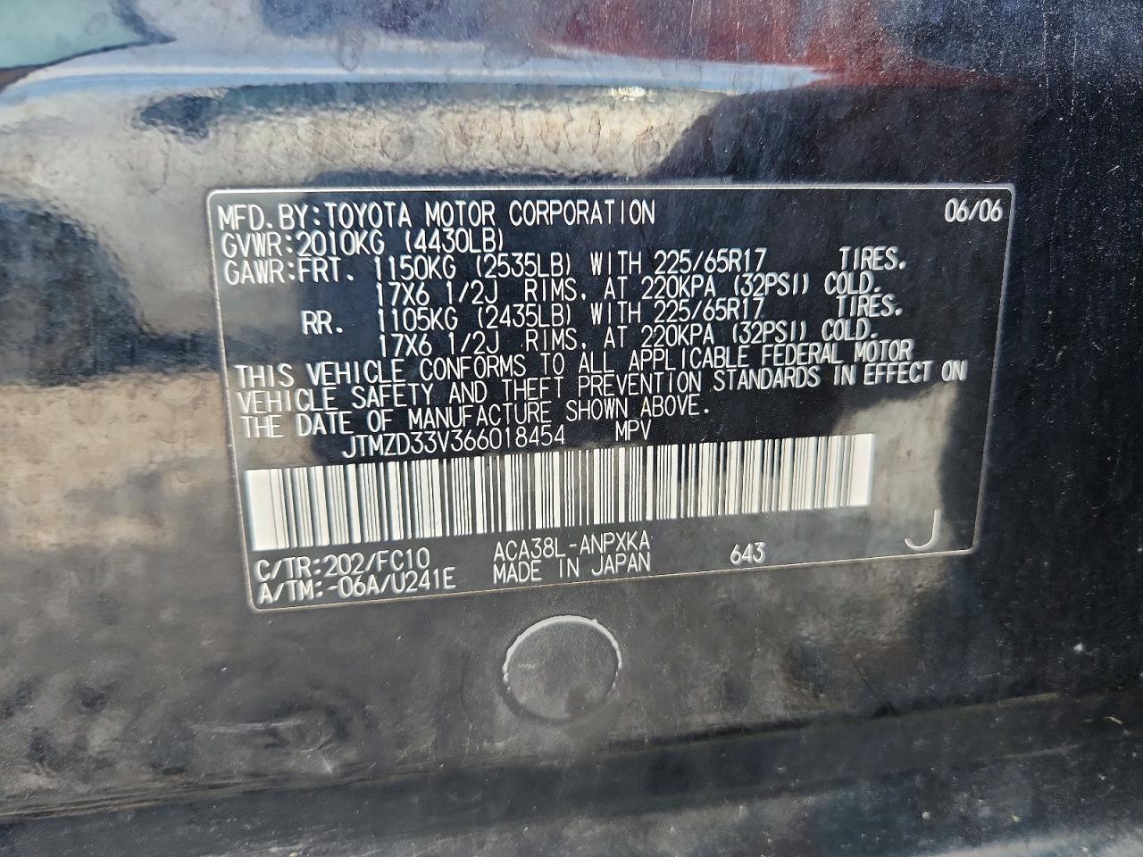 2006 Toyota Rav4 Base Black vin: JTMZD33V366018454