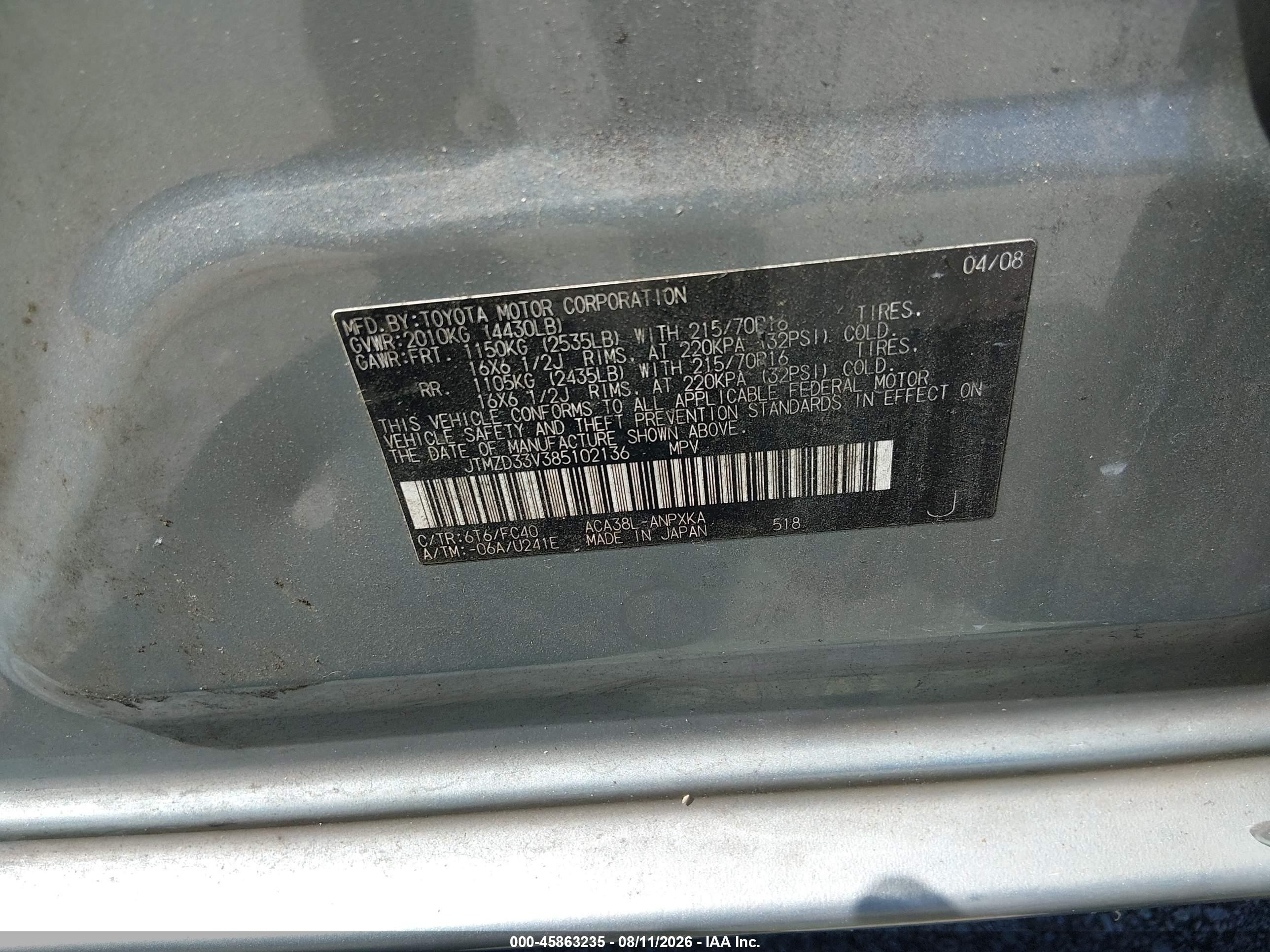 2008 Toyota Rav4   Green vin: JTMZD33V385102136