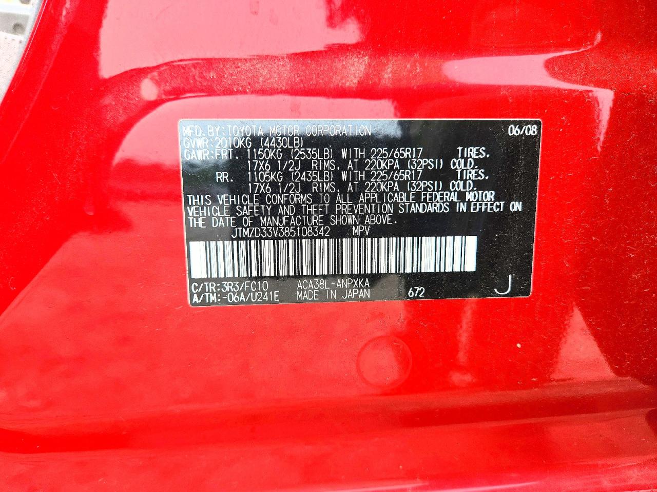 2008 Toyota Rav4 Base Red vin: JTMZD33V385108342
