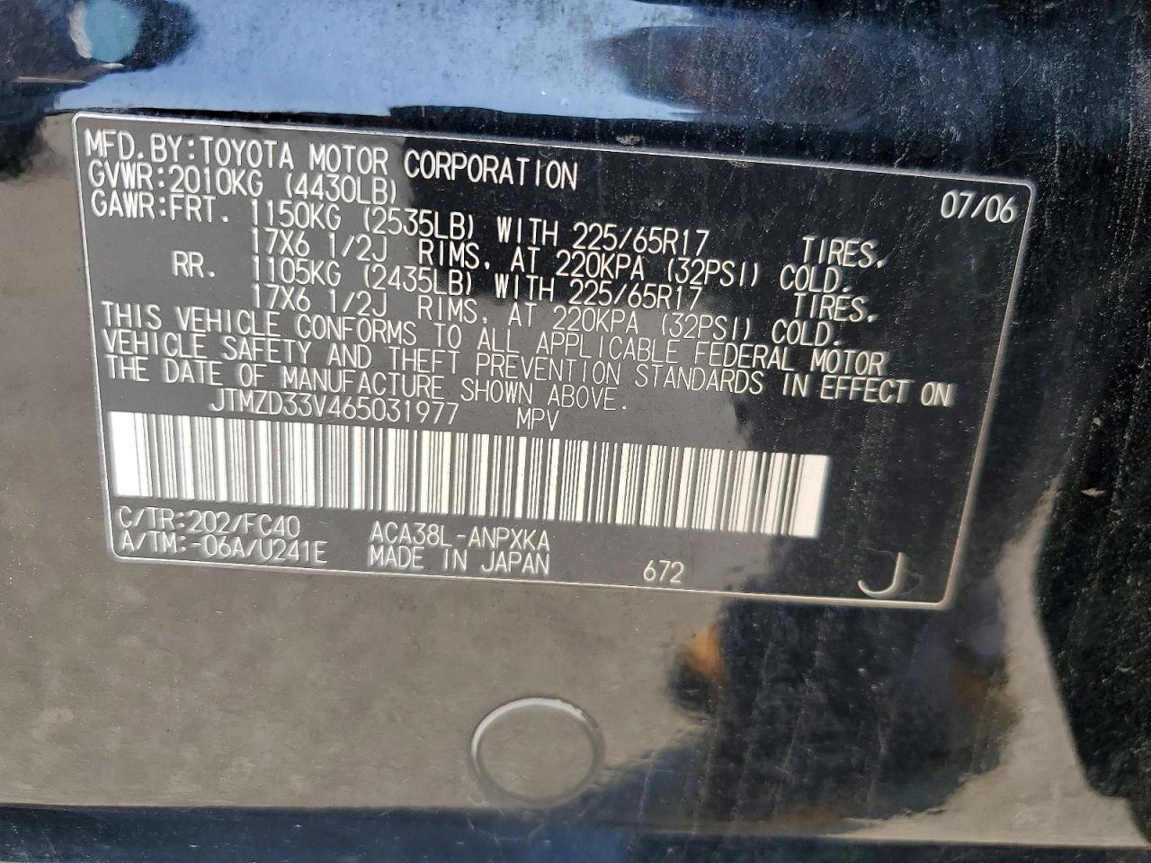 2006 Toyota Rav4 Base Black vin: JTMZD33V465031977