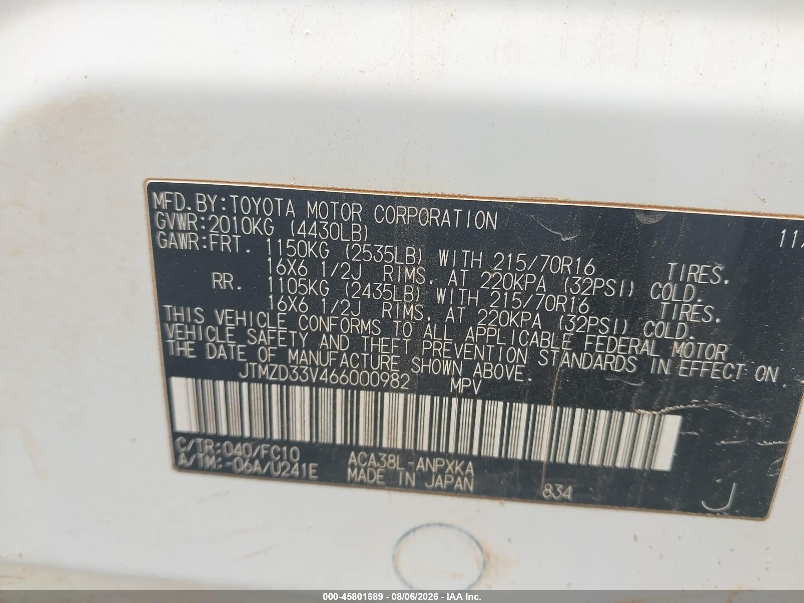 2006 Toyota Rav4   White vin: JTMZD33V466000982