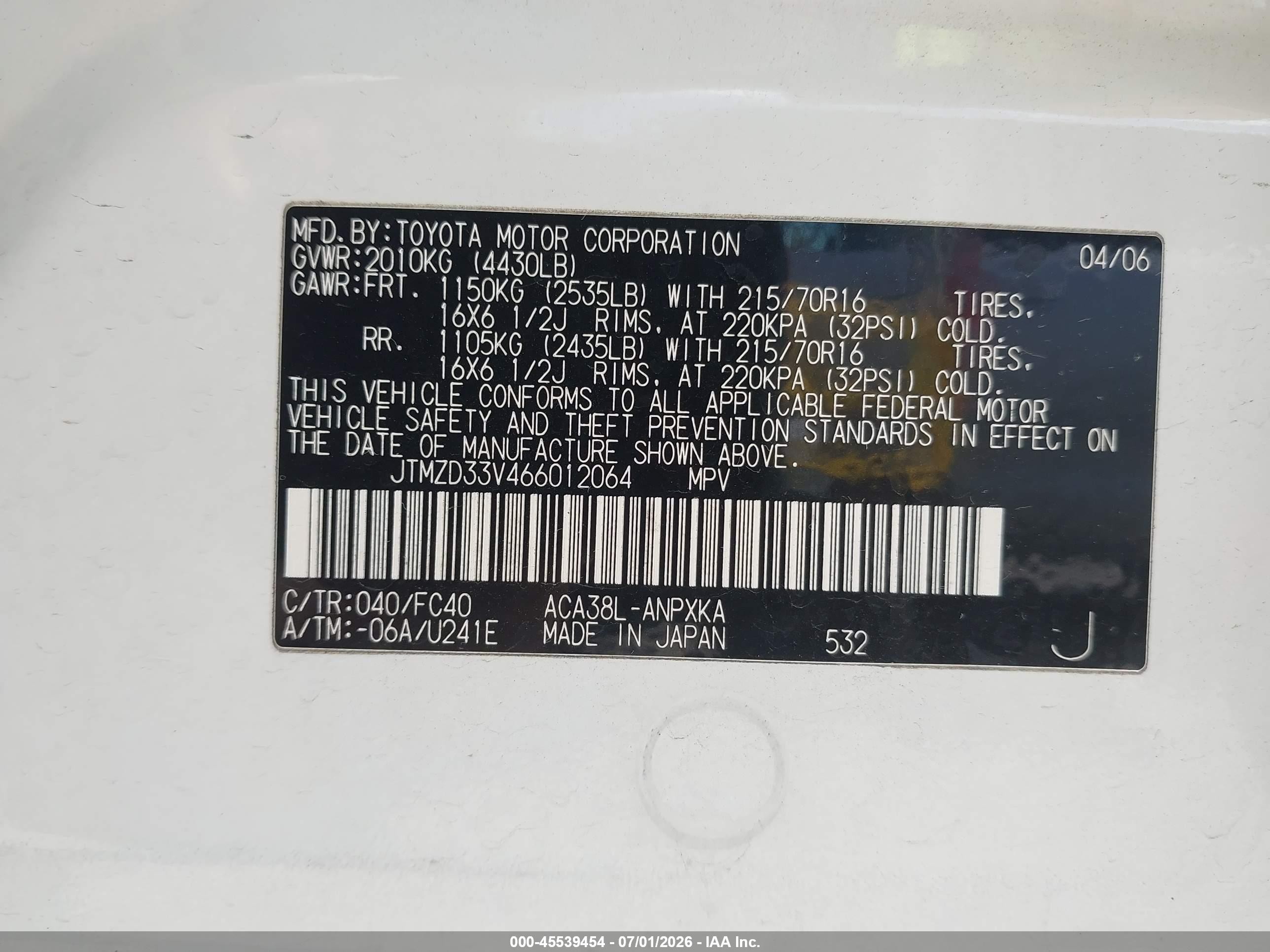 2006 Toyota Rav4   White vin: JTMZD33V466012064