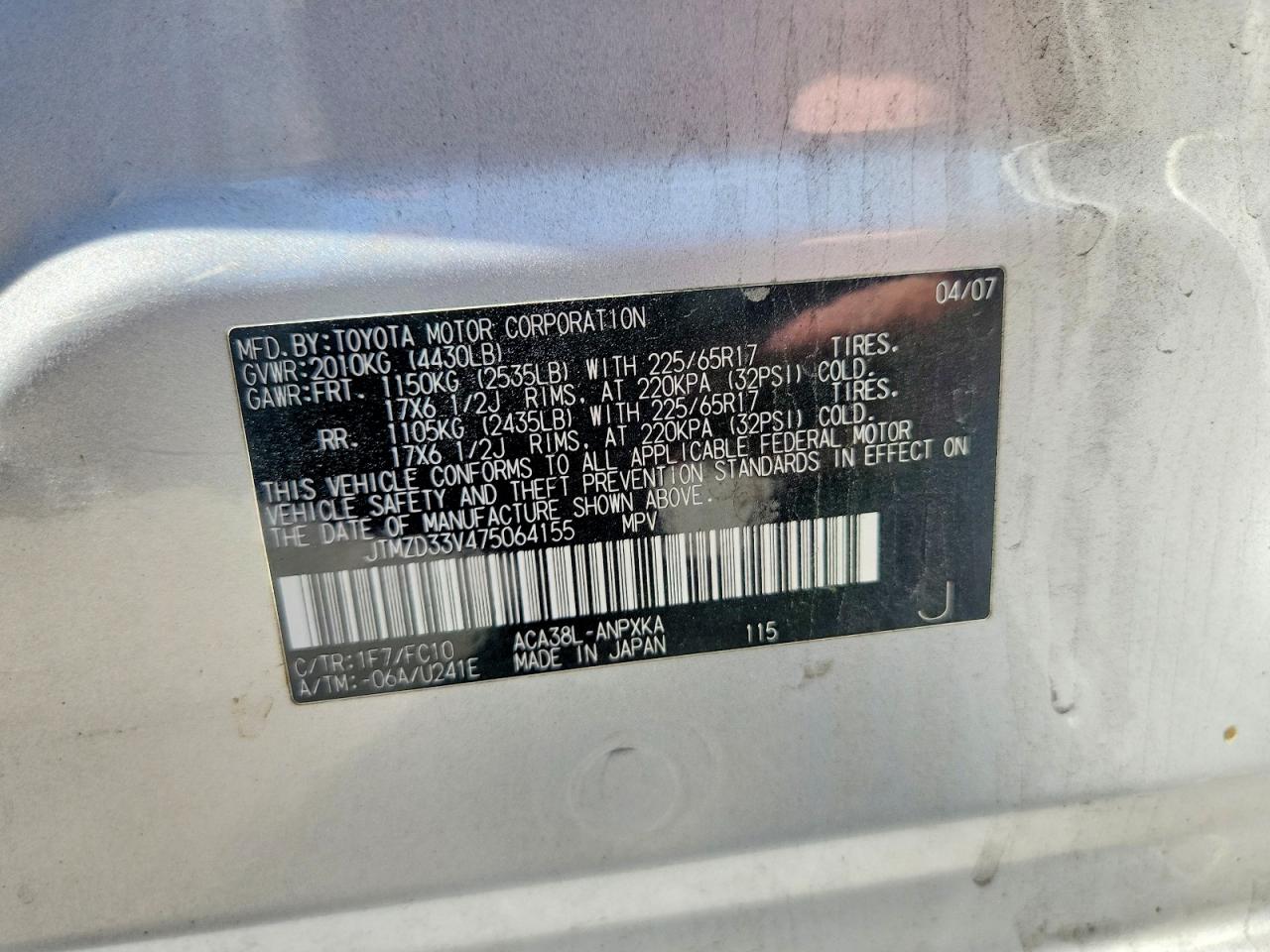 2007 Toyota Rav4 Base Silver vin: JTMZD33V475064155