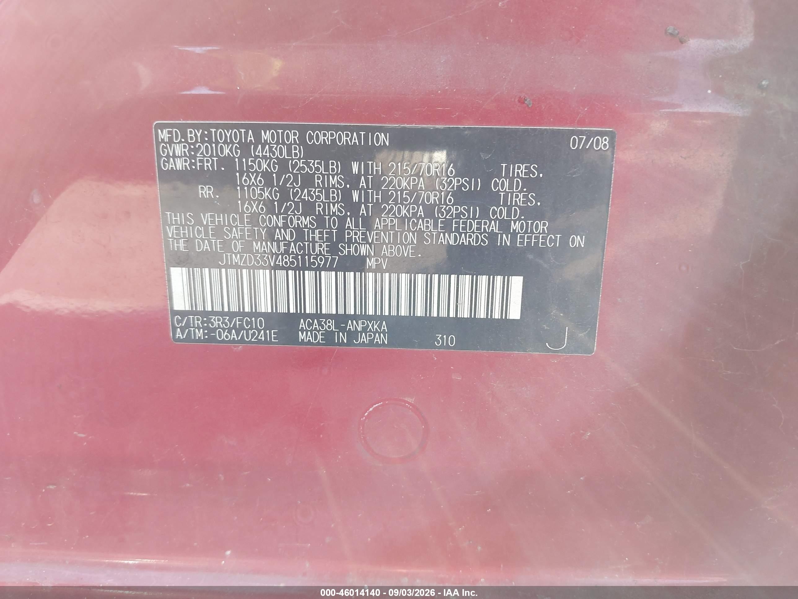 2008 Toyota Rav4   Red vin: JTMZD33V485115977