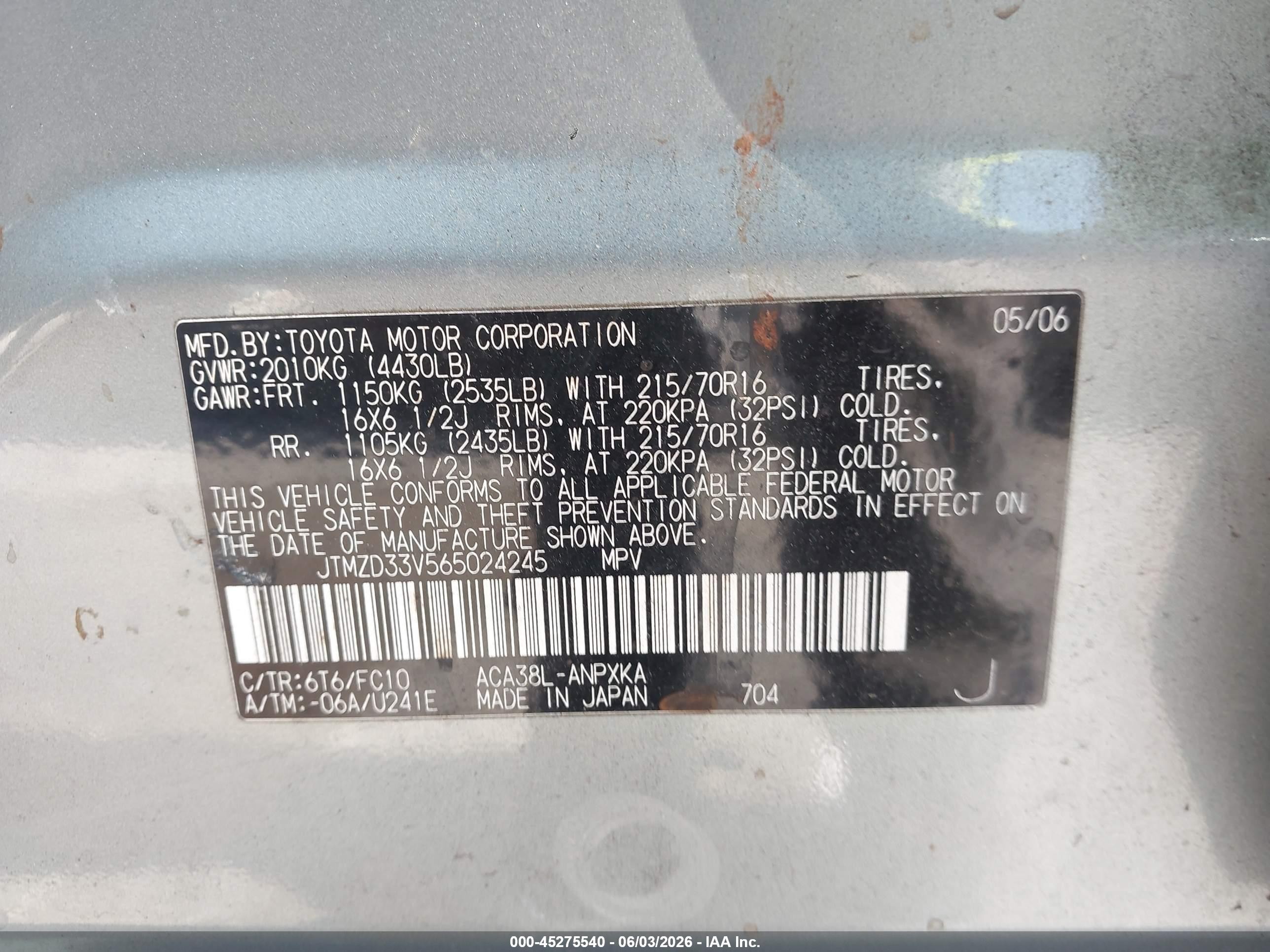 2006 Toyota Rav4   Green vin: JTMZD33V565024245