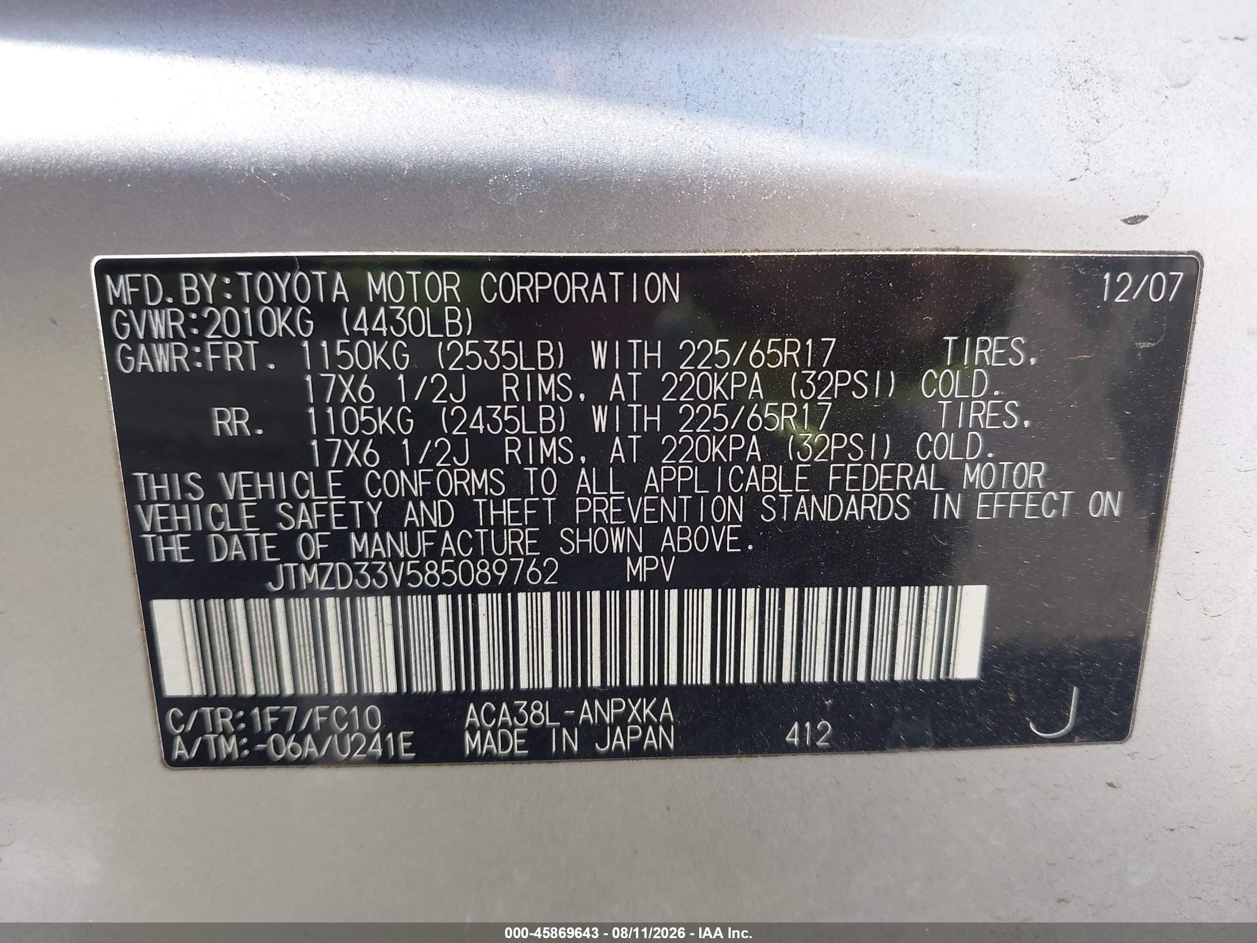 2008 Toyota Rav4   Silver vin: JTMZD33V585089762