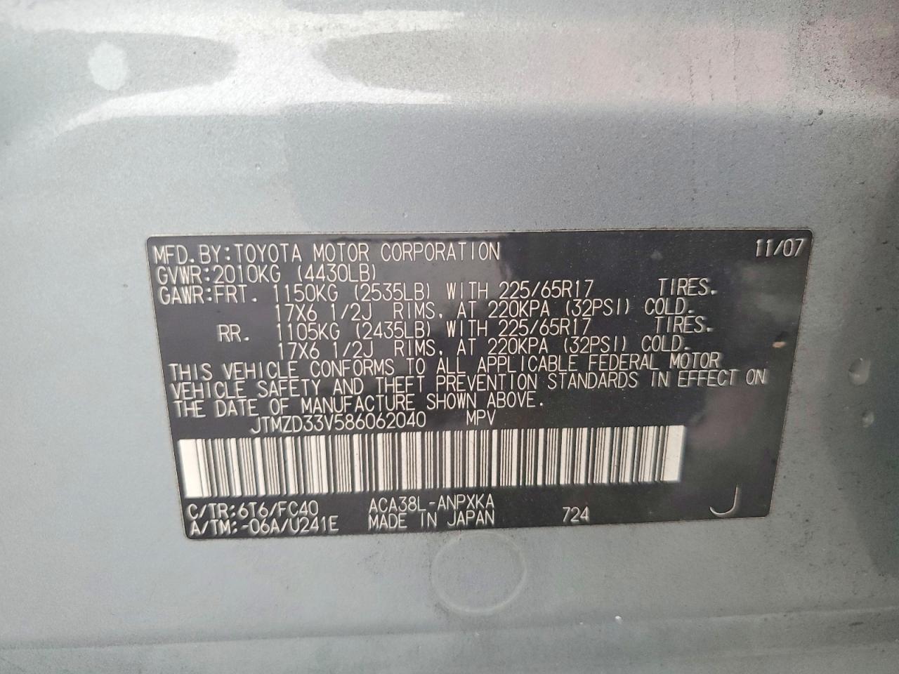 2008 Toyota Rav4 Base Teal vin: JTMZD33V586062040
