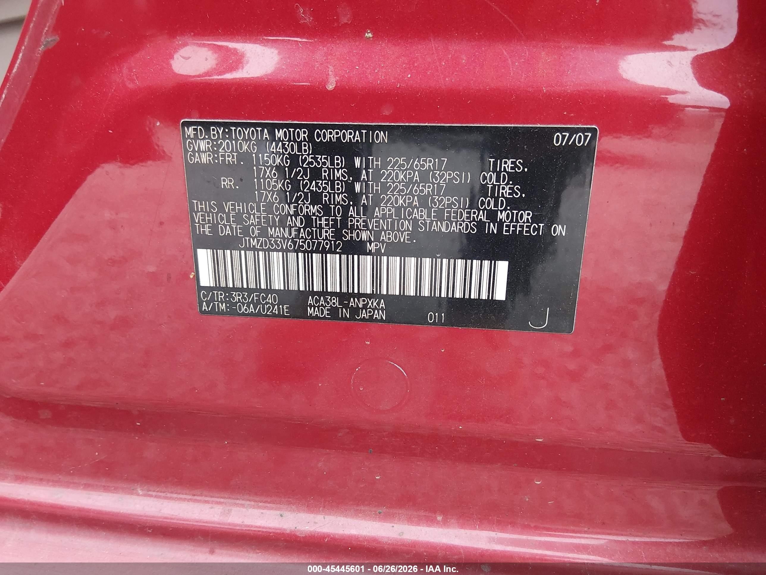 2007 Toyota Rav4   Red vin: JTMZD33V675077912