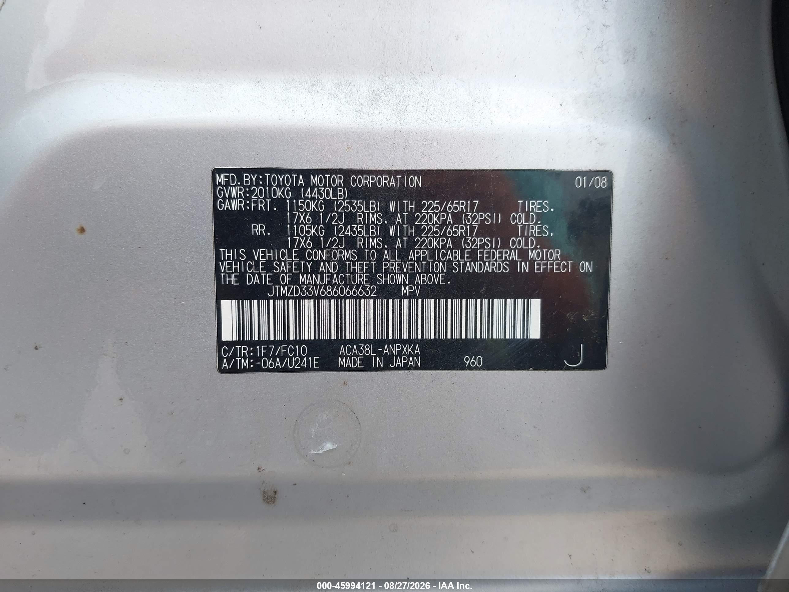 2008 Toyota Rav4   Silver vin: JTMZD33V686066632