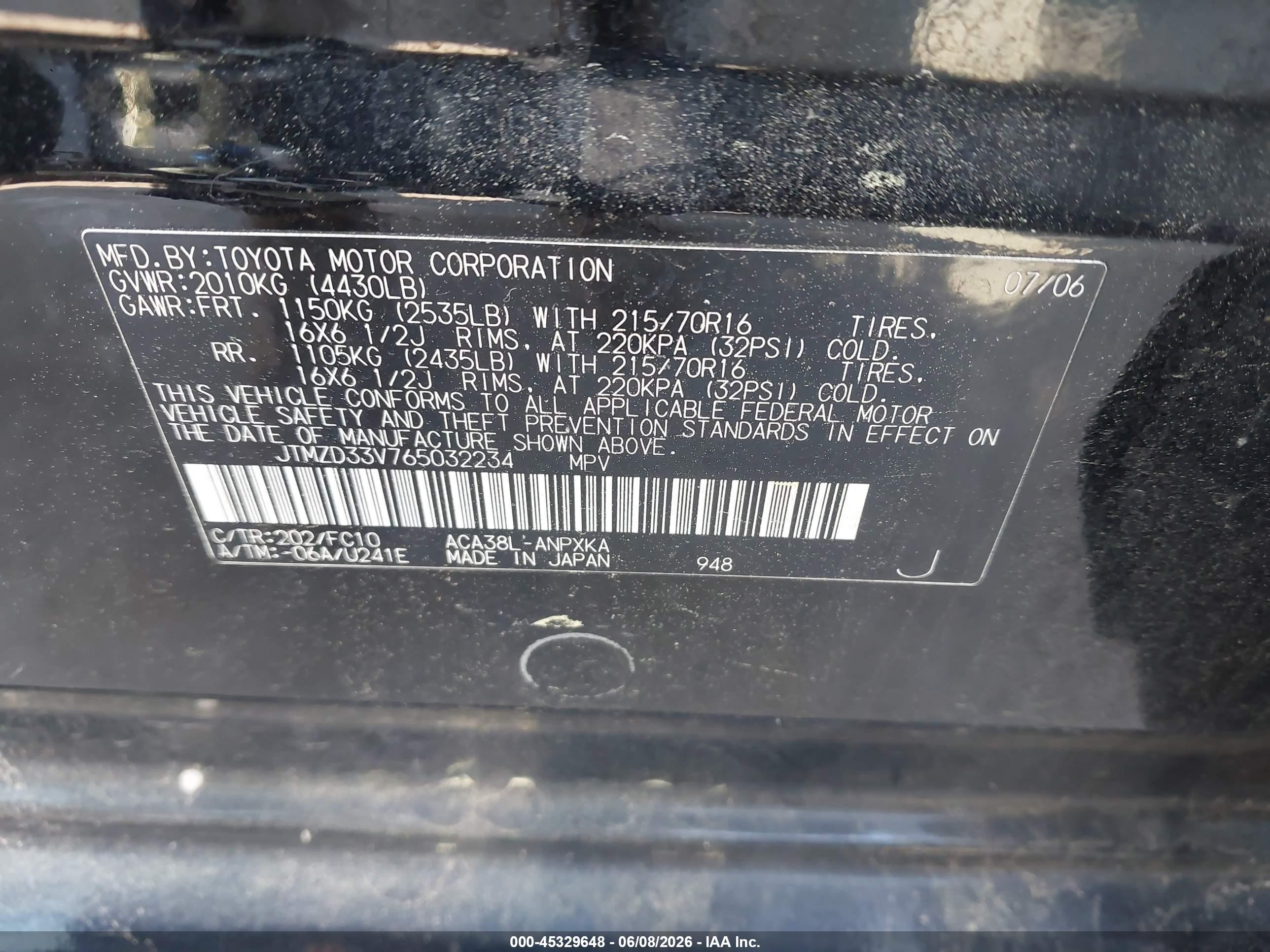2006 Toyota Rav4   Black vin: JTMZD33V765032234