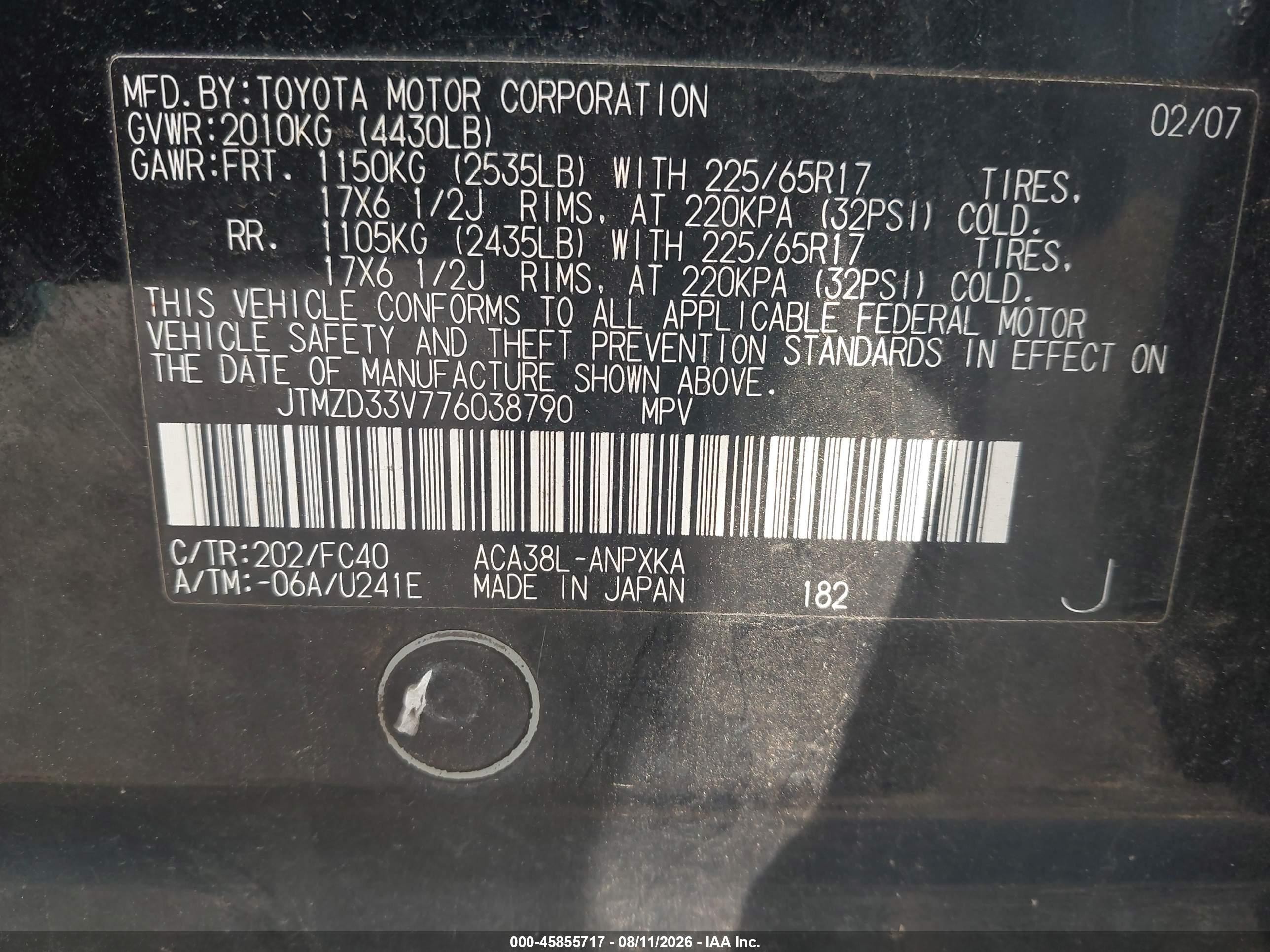 2007 Toyota Rav4   Black vin: JTMZD33V776038790