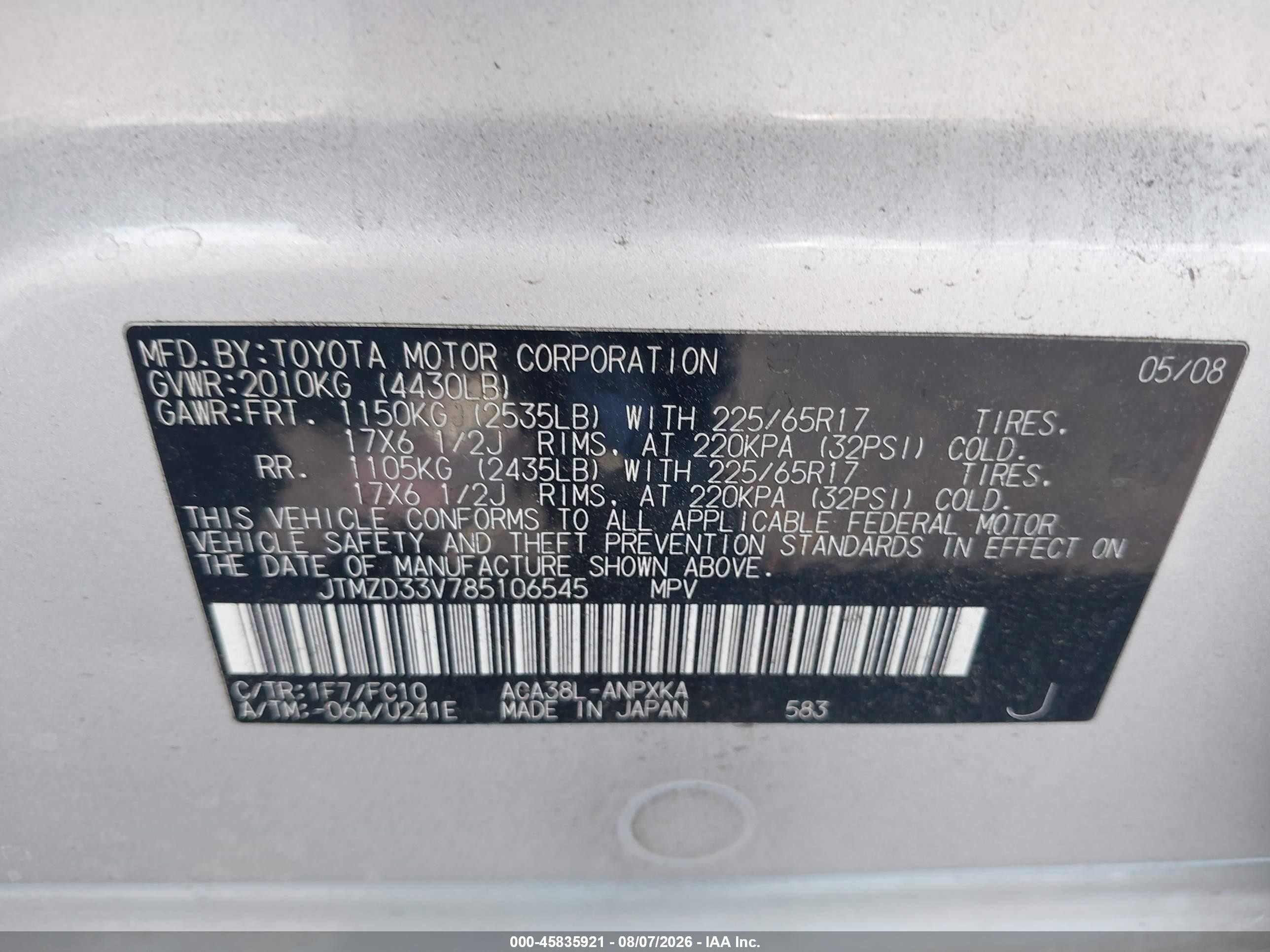 2008 Toyota Rav4   Silver vin: JTMZD33V785106545