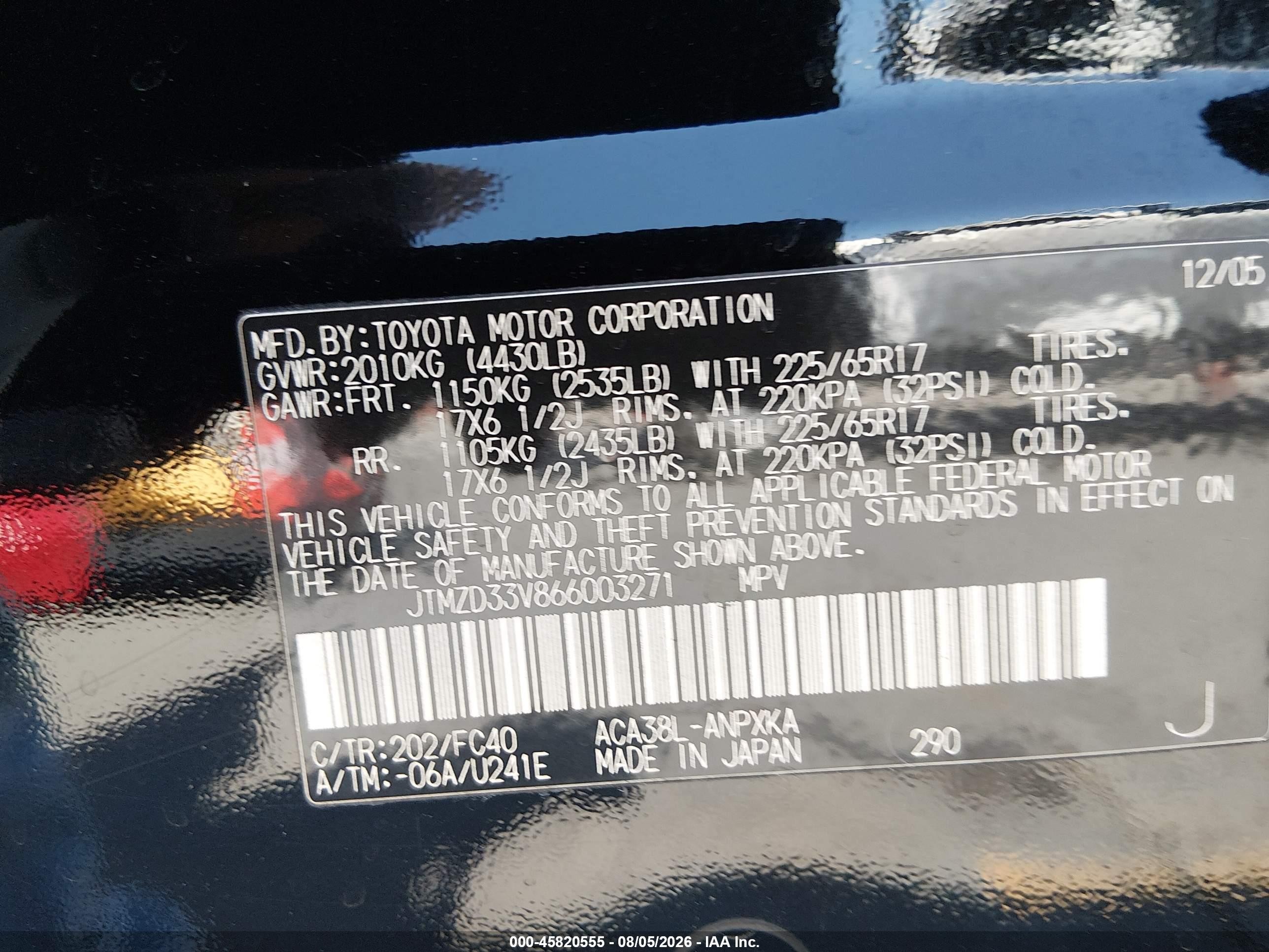 2006 Toyota Rav4   Black vin: JTMZD33V866003271
