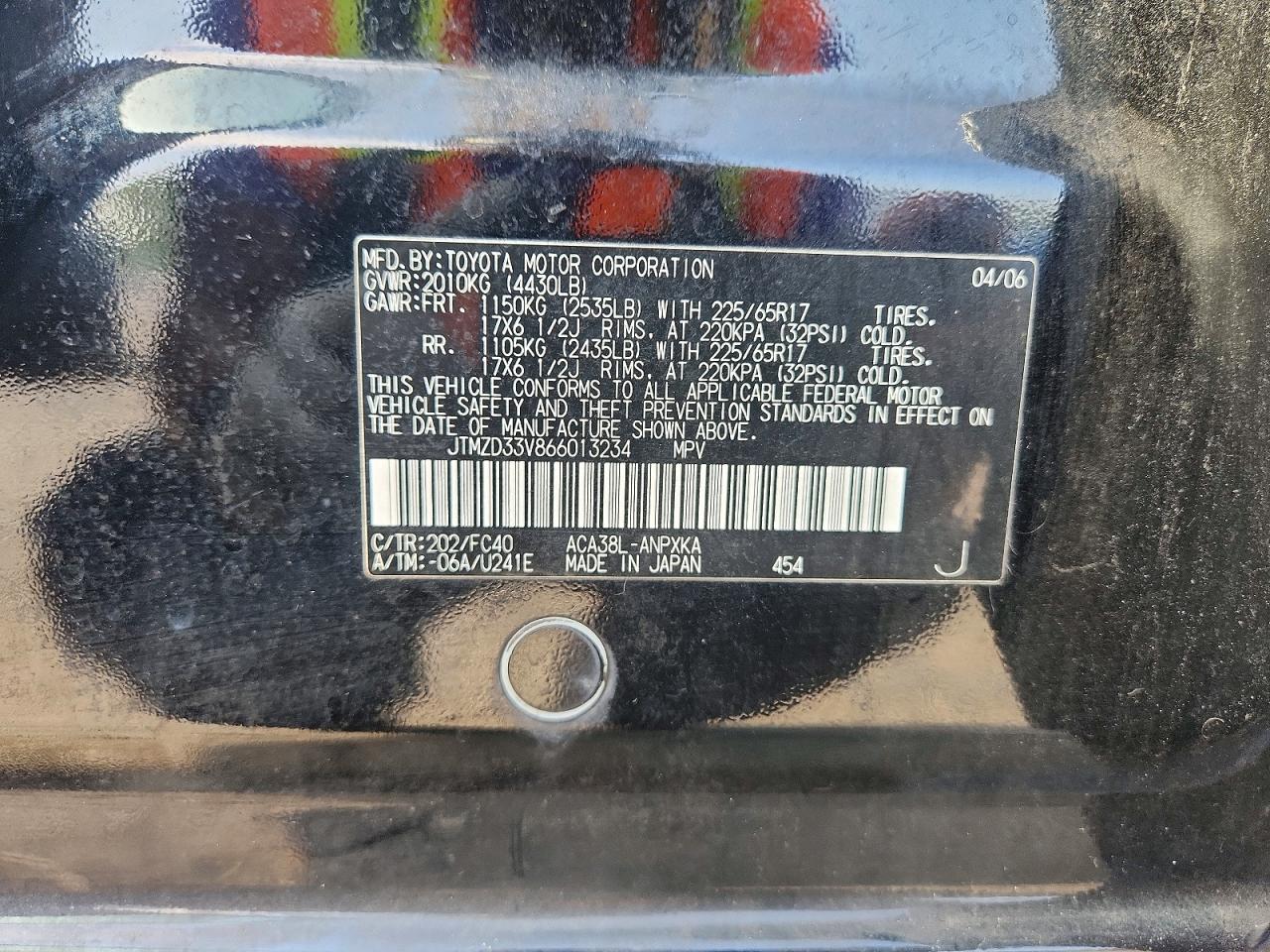 2006 Toyota Rav4 Black vin: JTMZD33V866013234