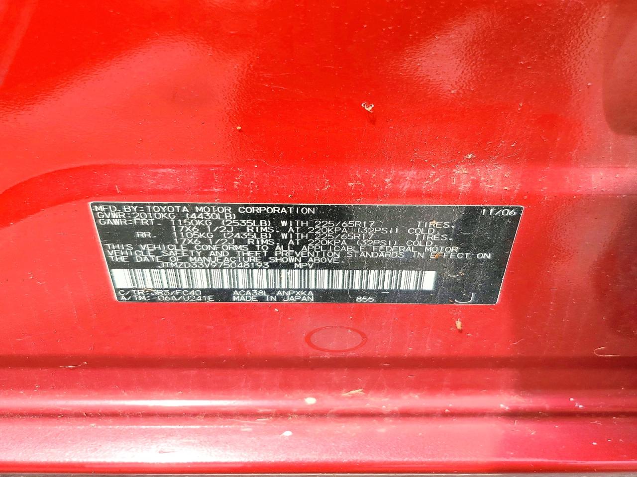 2007 Toyota Rav4 Base Red vin: JTMZD33V975048193