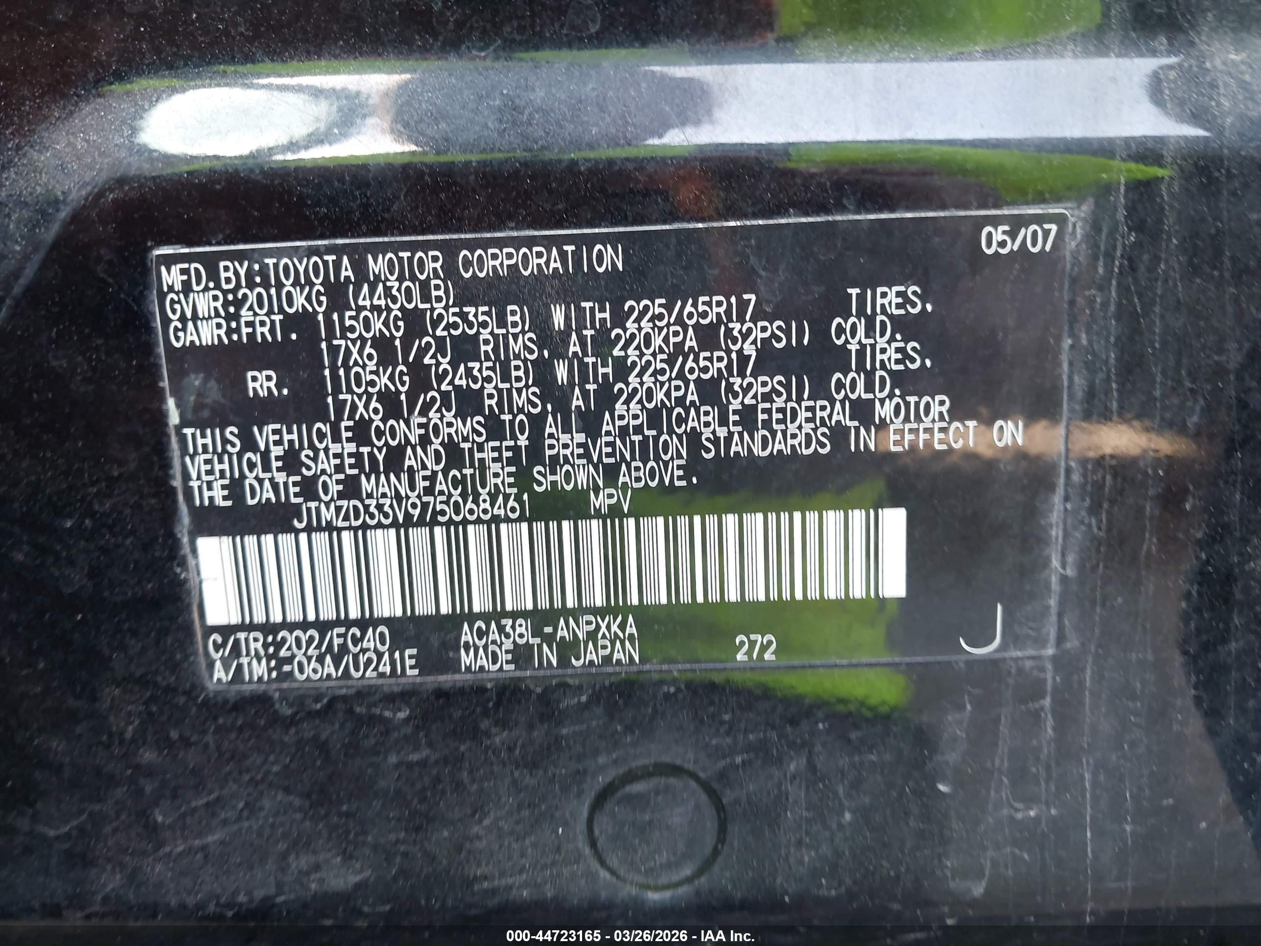 2007 Toyota Rav4   Black vin: JTMZD33V975068461