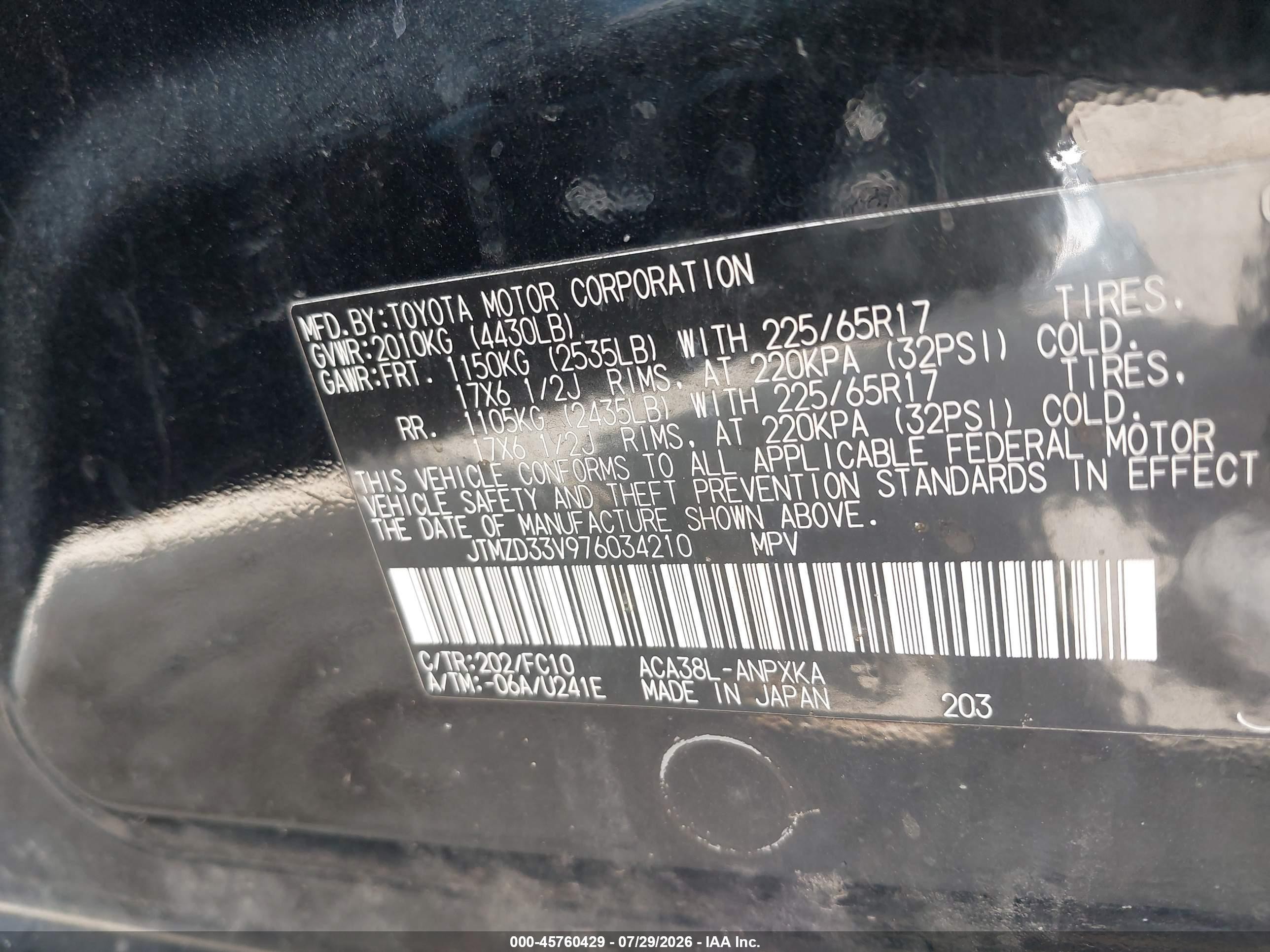 2007 Toyota Rav4   Black vin: JTMZD33V976034210