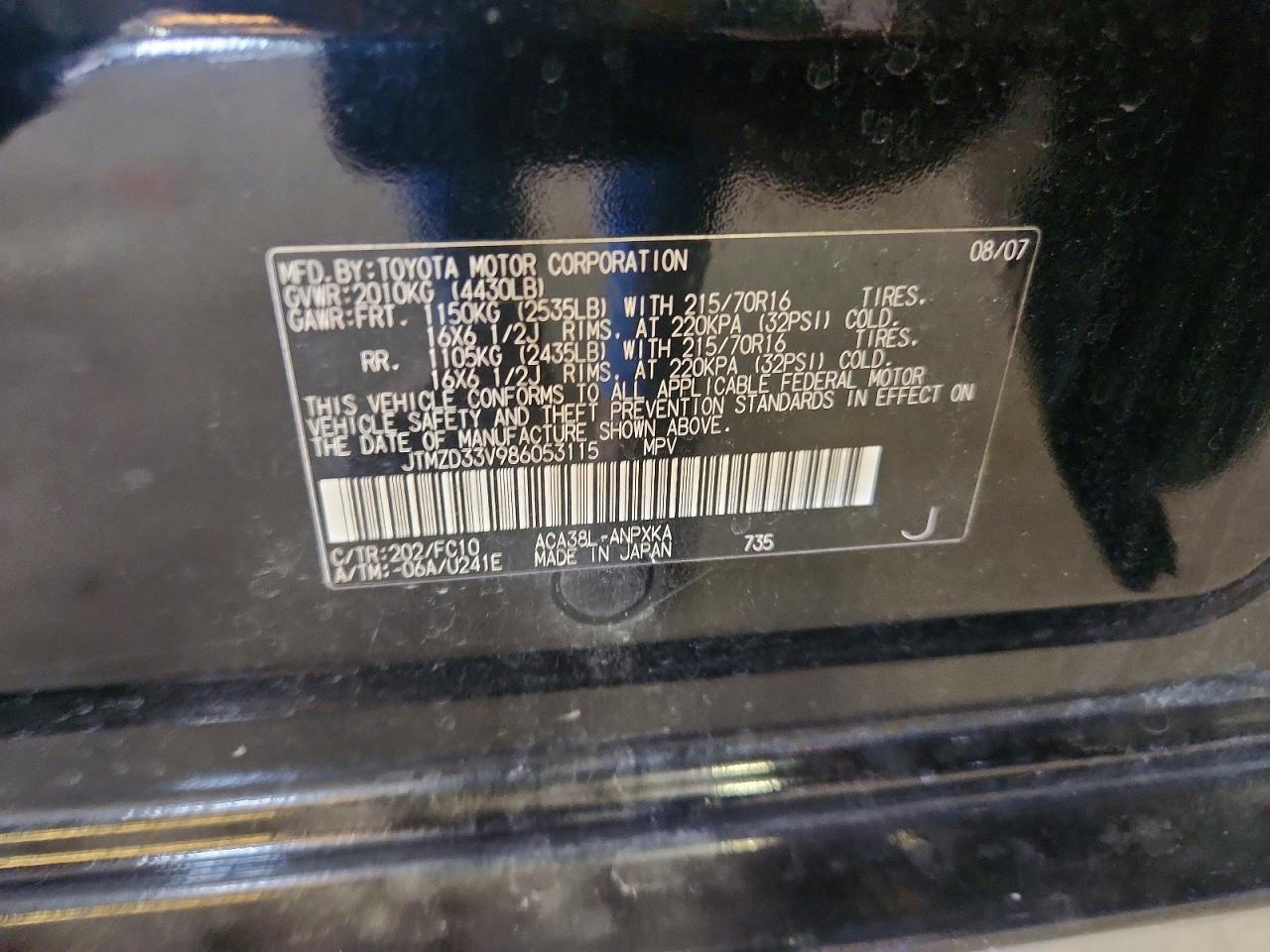 2008 Toyota Rav4 Base Black vin: JTMZD33V986053115