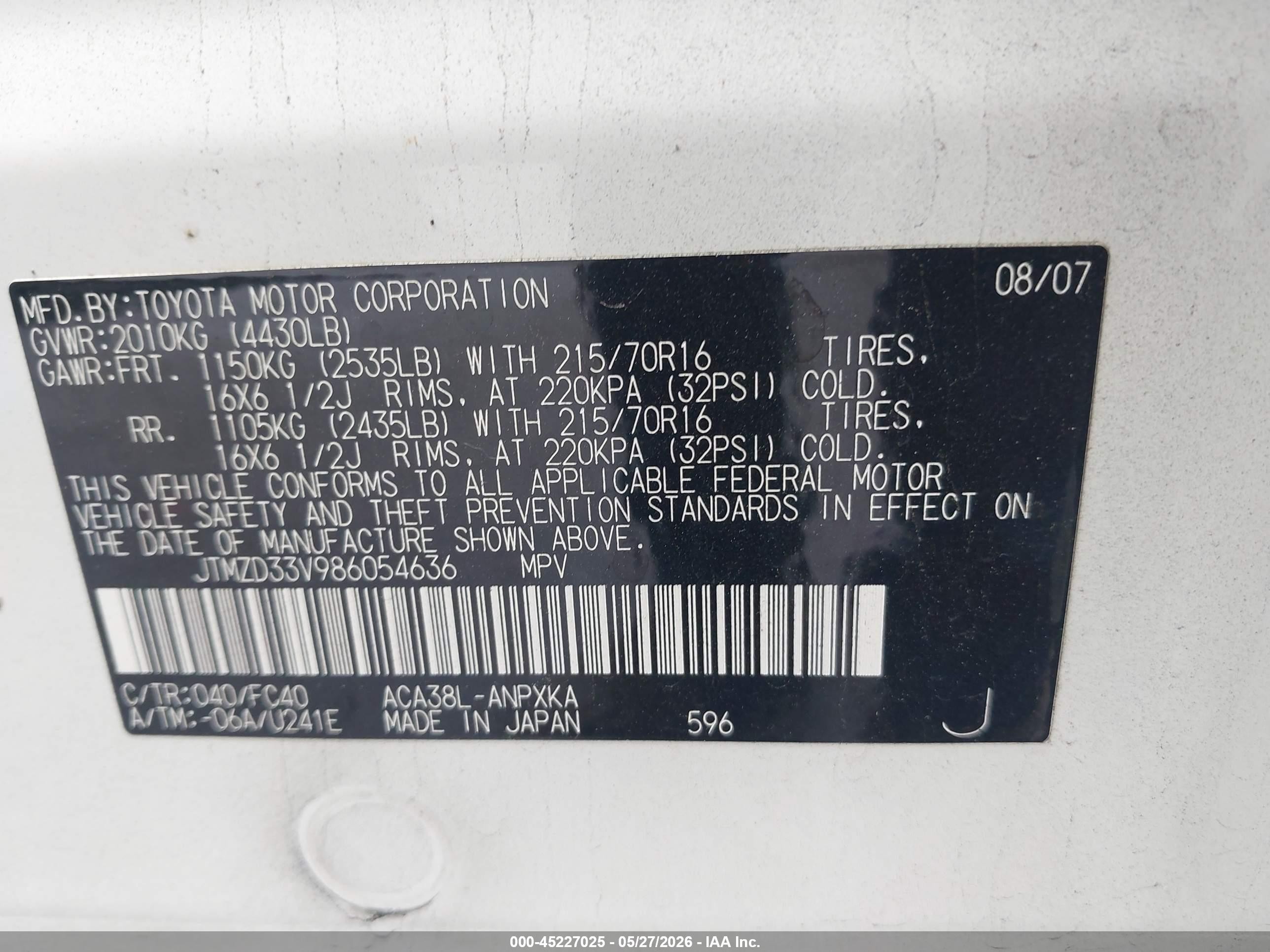 2008 Toyota Rav4   White vin: JTMZD33V986054636
