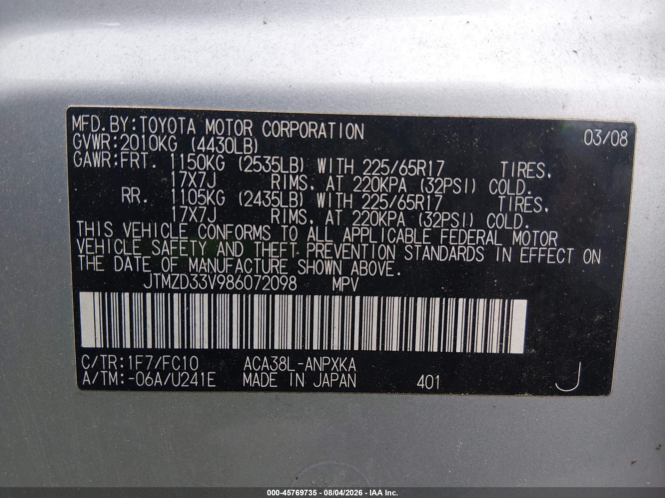 2008 Toyota Rav4   Silver vin: JTMZD33V986072098
