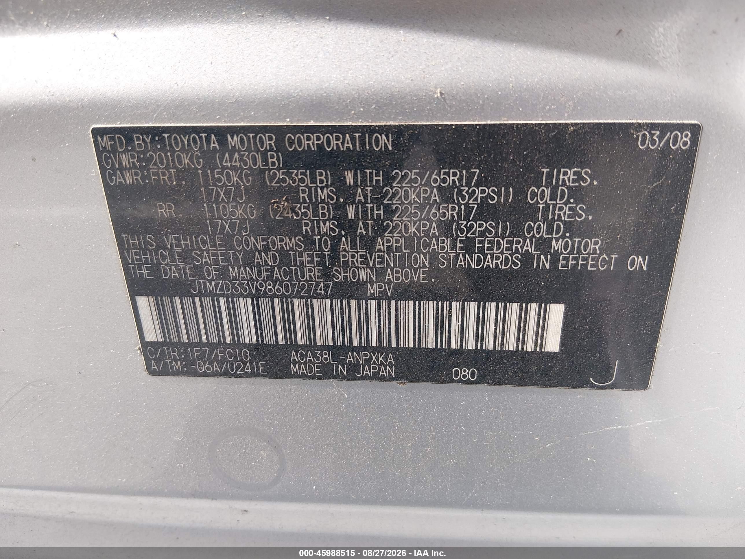 2008 Toyota Rav4   Silver vin: JTMZD33V986072747