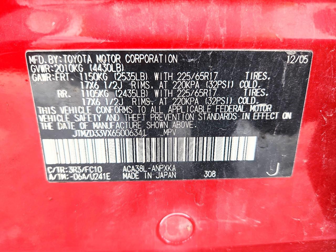 2006 Toyota Rav4 Base Red vin: JTMZD33VX65006341