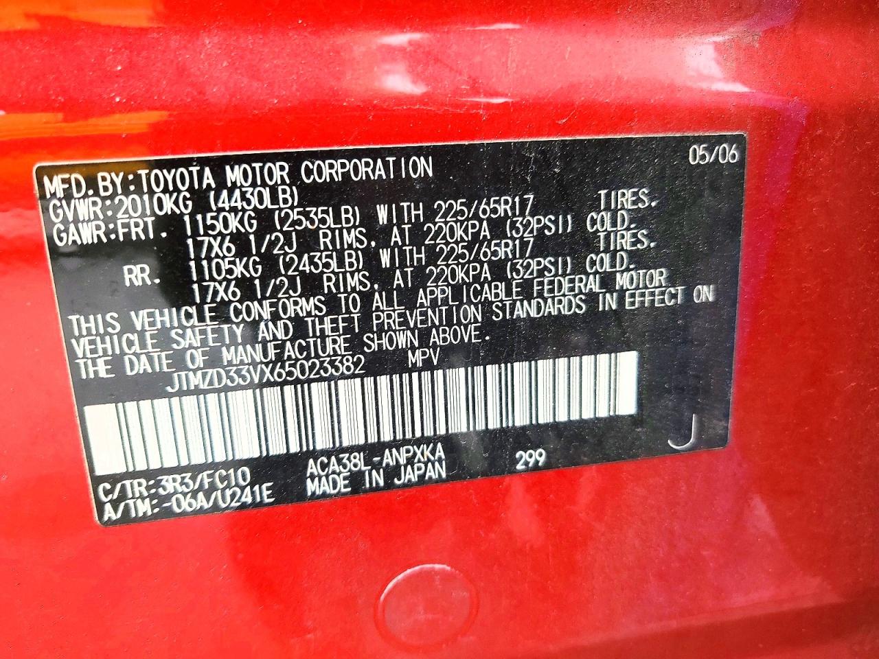 2006 Toyota Rav4 Base Red vin: JTMZD33VX65023382