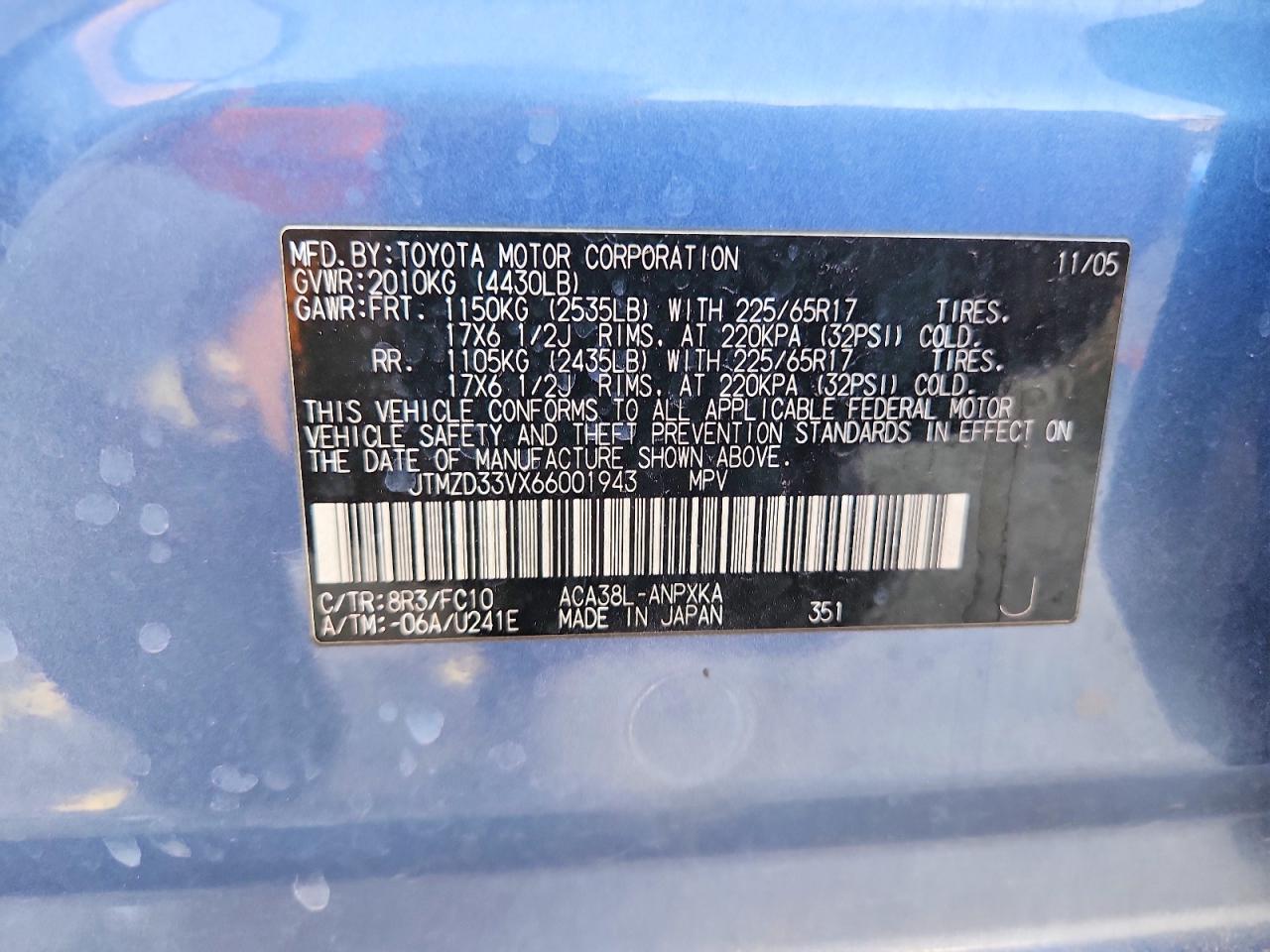 2006 Toyota Rav4 Base Blue vin: JTMZD33VX66001943