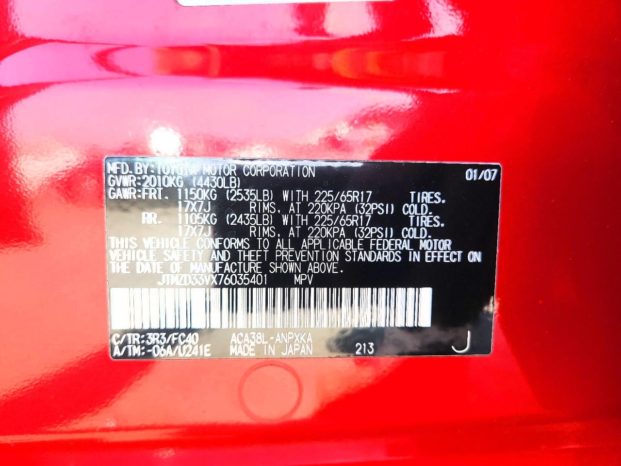 2007 Toyota Rav4 Base Red vin: JTMZD33VX76035401