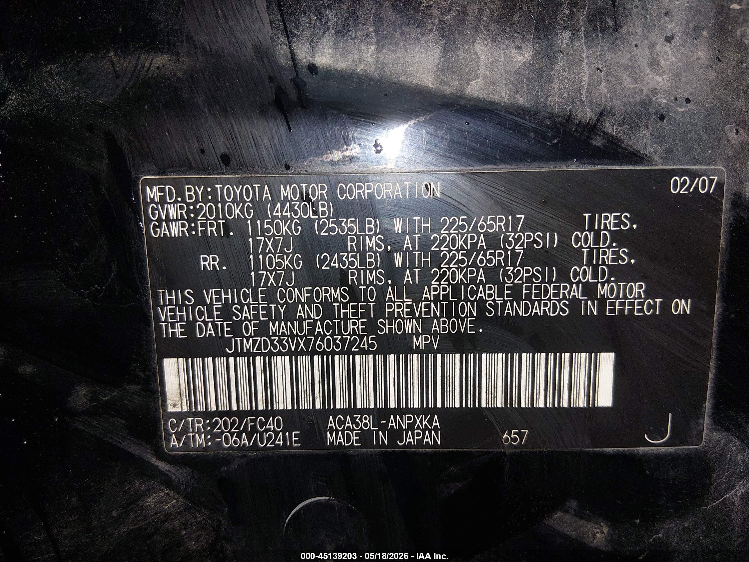 2007 Toyota Rav4 Black vin: JTMZD33VX76037245
