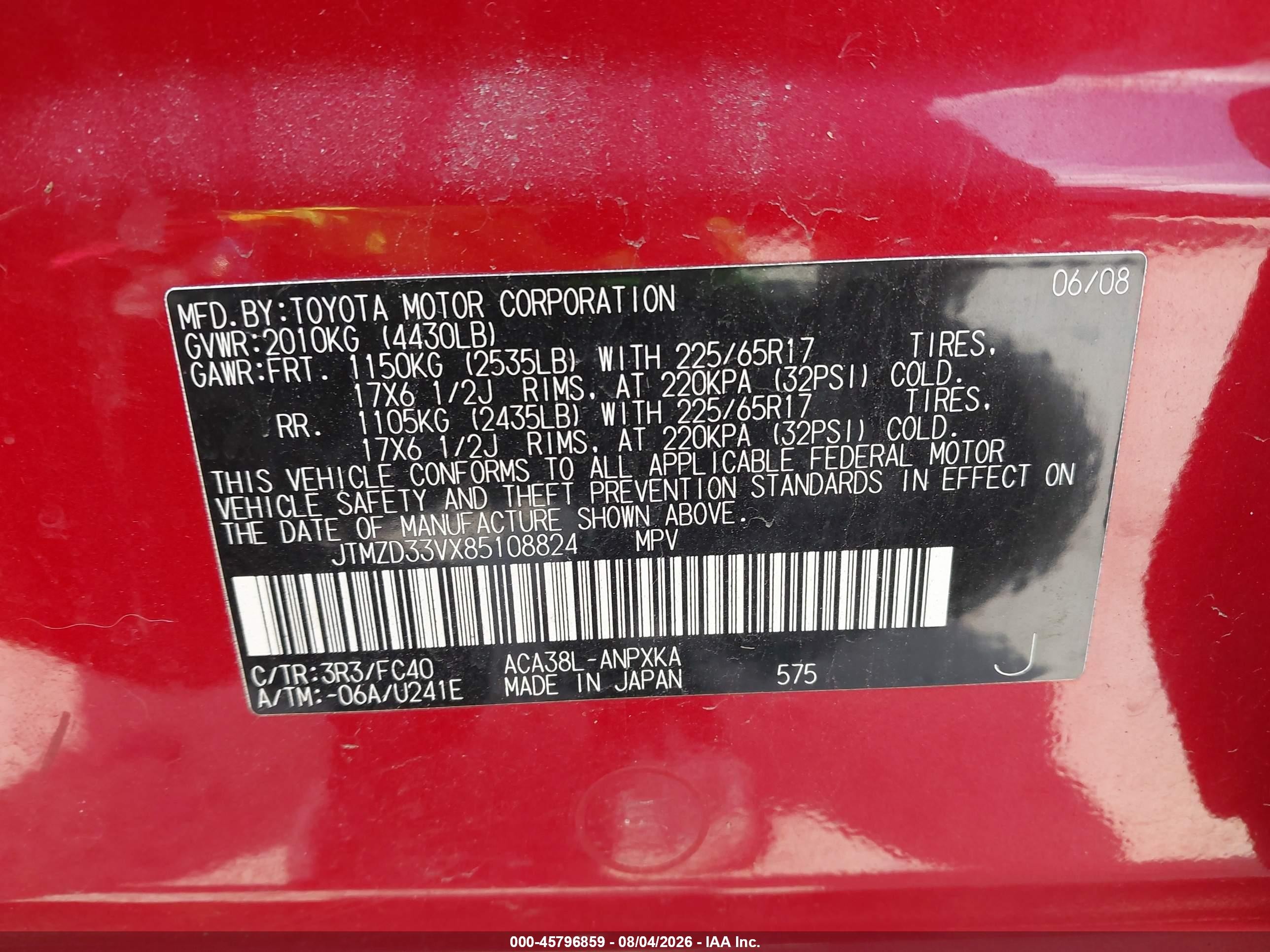 2008 Toyota Rav4   Red vin: JTMZD33VX85108824