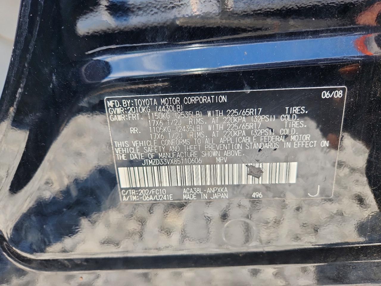 2008 Toyota Rav4 Base Black vin: JTMZD33VX85110606
