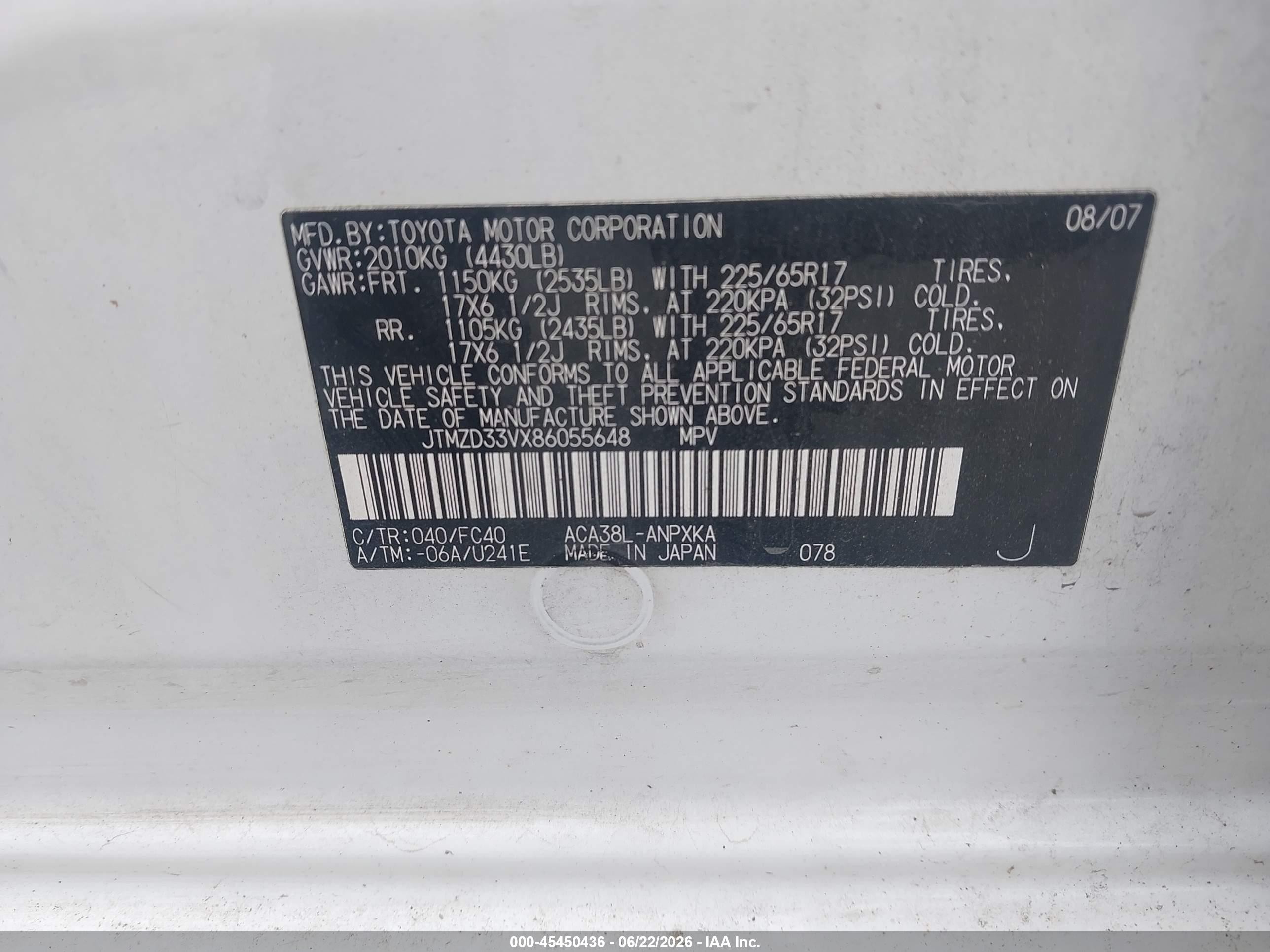 2008 Toyota Rav4   White vin: JTMZD33VX86055648