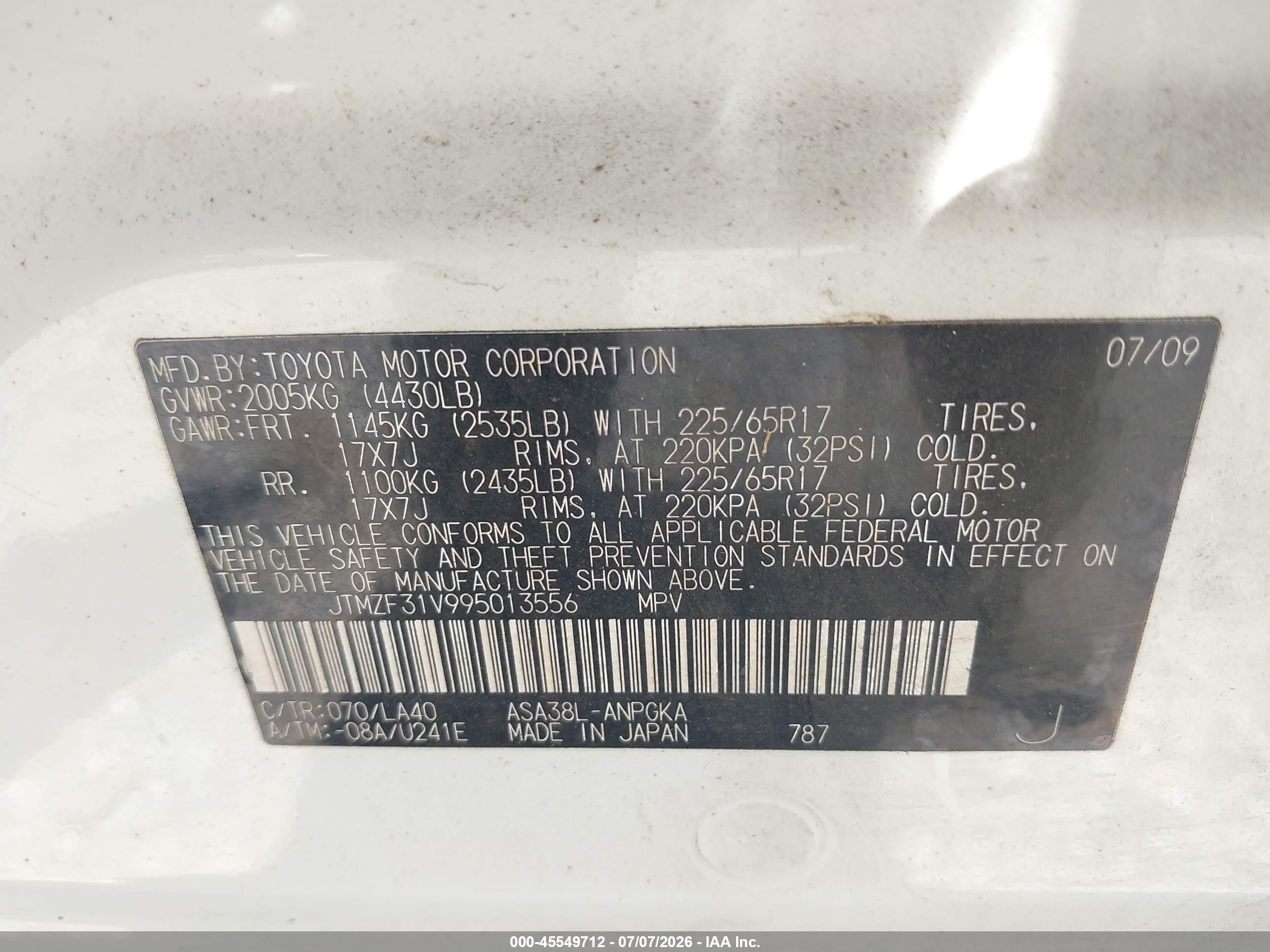 2009 Toyota Rav4 Limited White vin: JTMZF31V995013556
