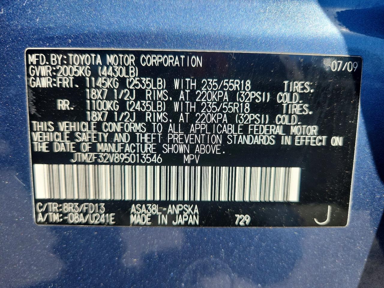 2009 Toyota Rav4 Sport Blue vin: JTMZF32V895013546
