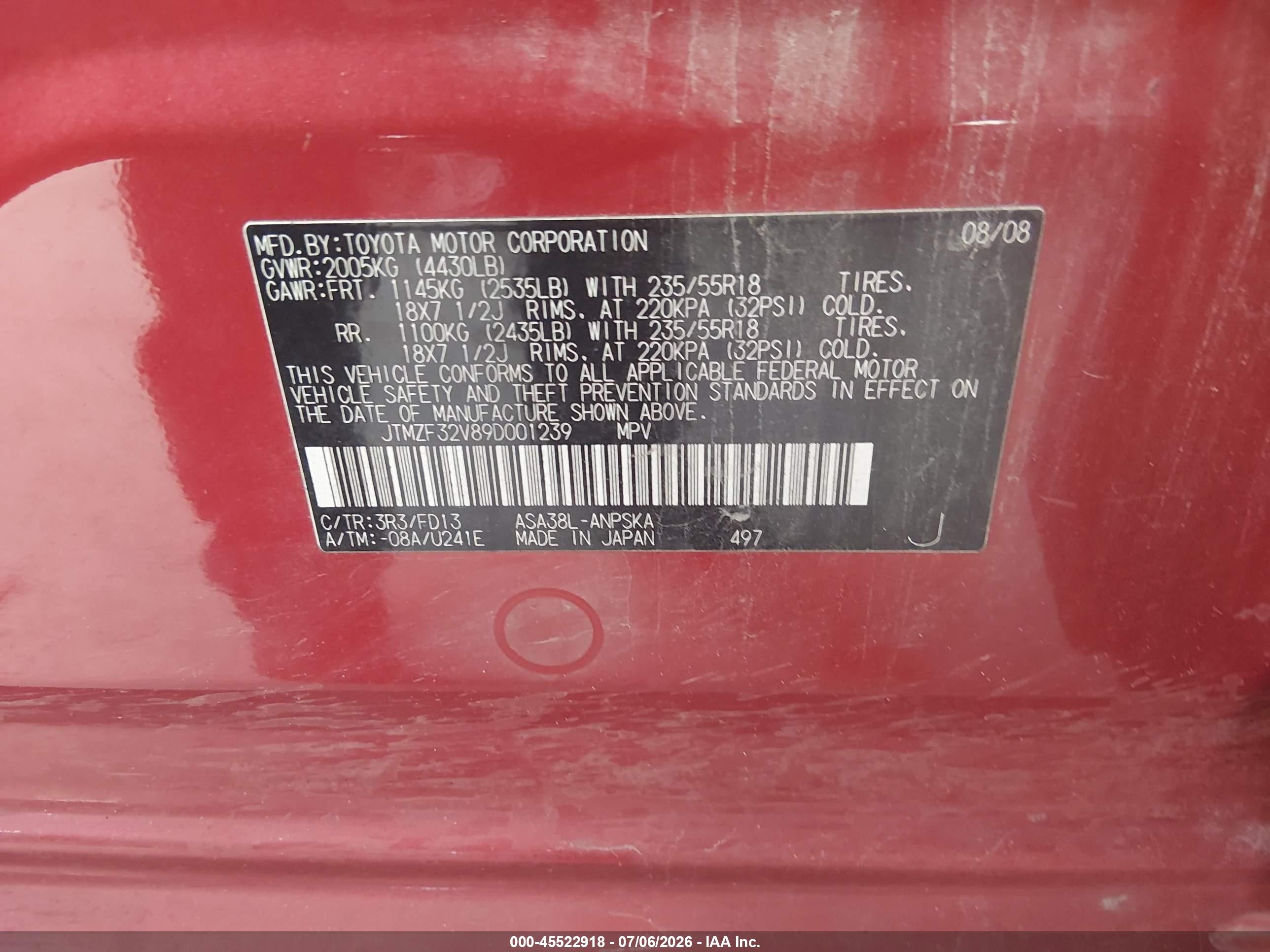 2009 Toyota Rav4 Sport Red vin: JTMZF32V89D001239