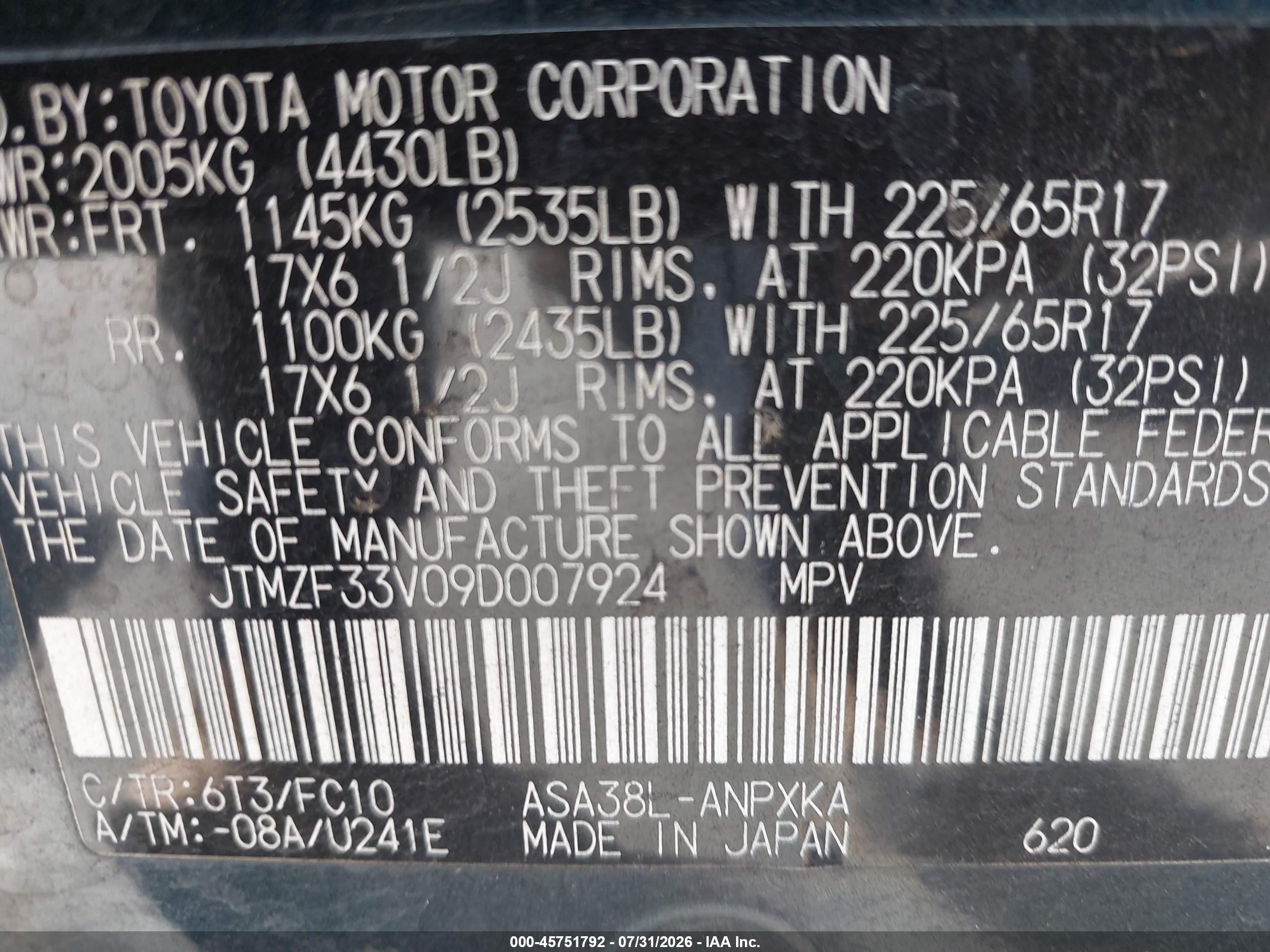 2009 Toyota Rav4   Teal vin: JTMZF33V09D007924