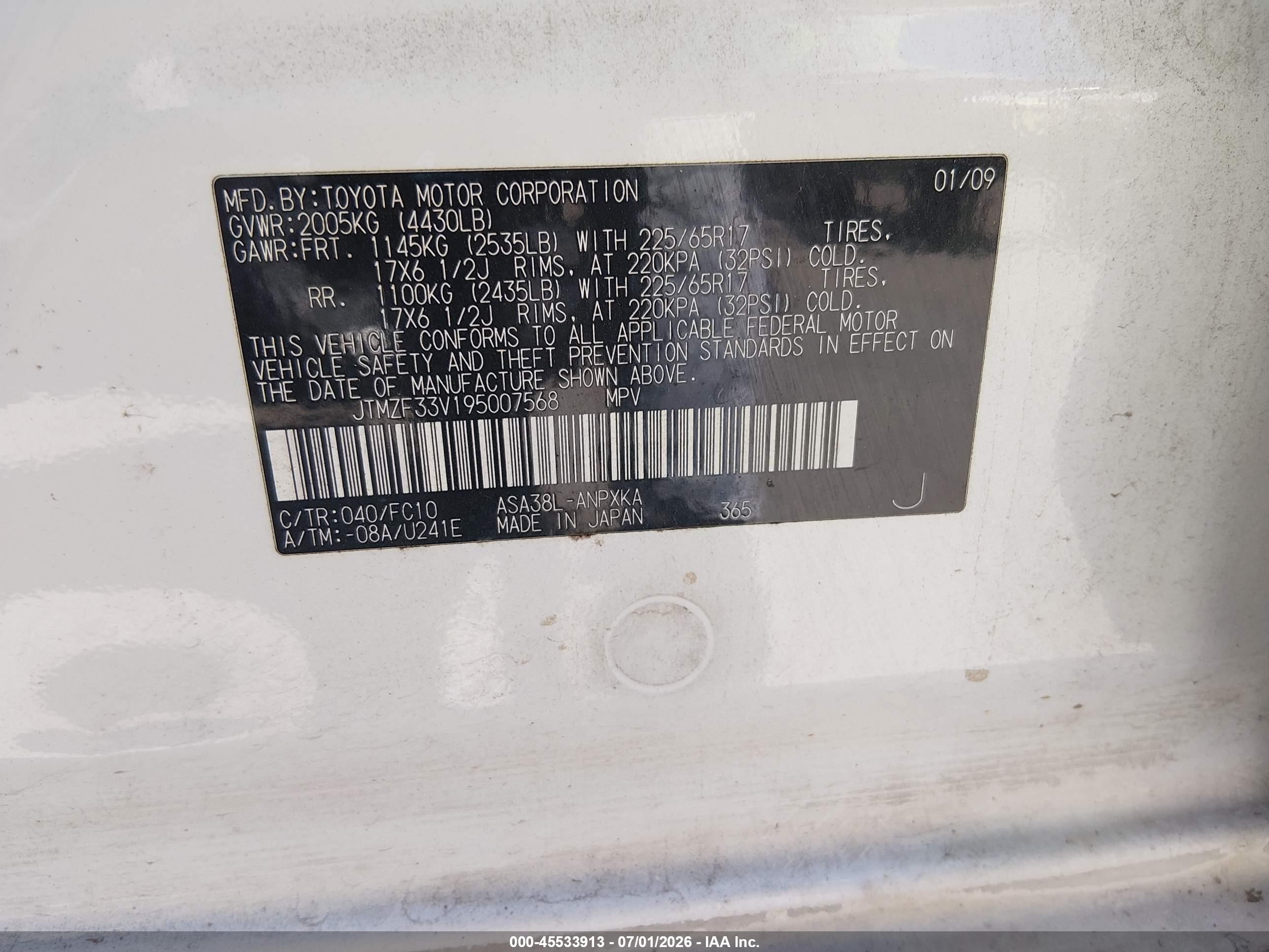 2009 Toyota Rav4   White vin: JTMZF33V195007568