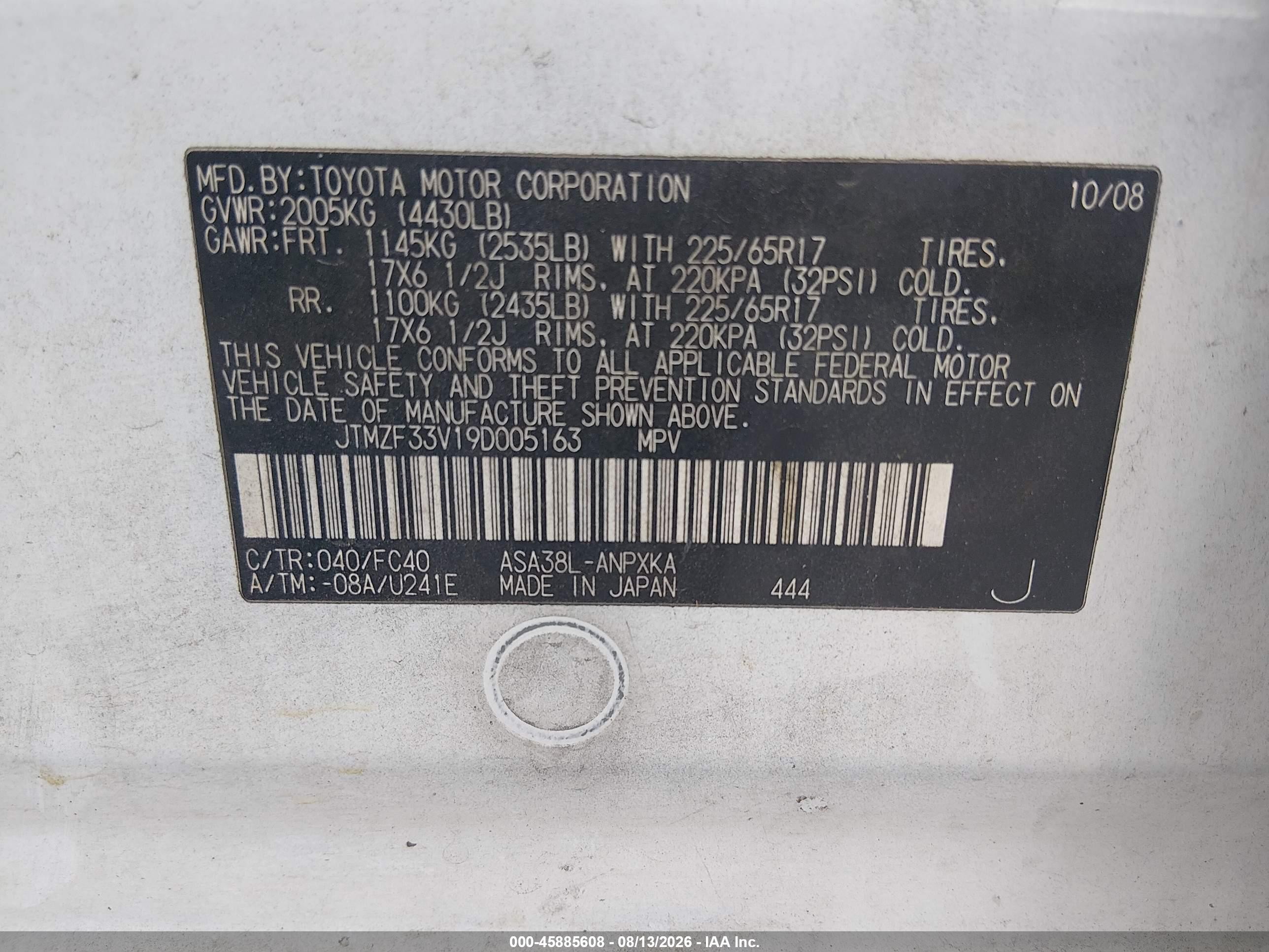 2009 Toyota Rav4   White vin: JTMZF33V19D005163