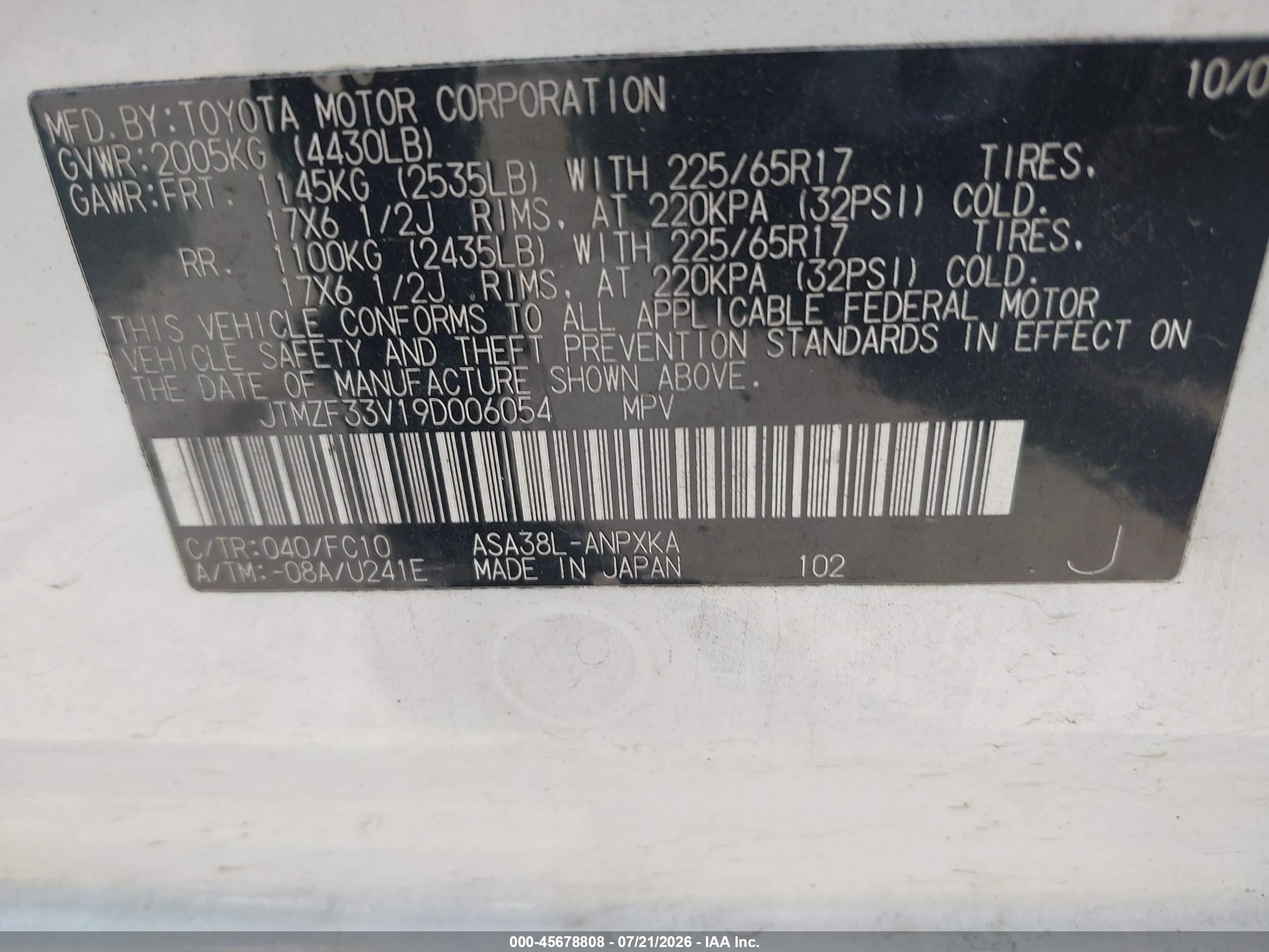 2009 Toyota Rav4   White vin: JTMZF33V19D006054
