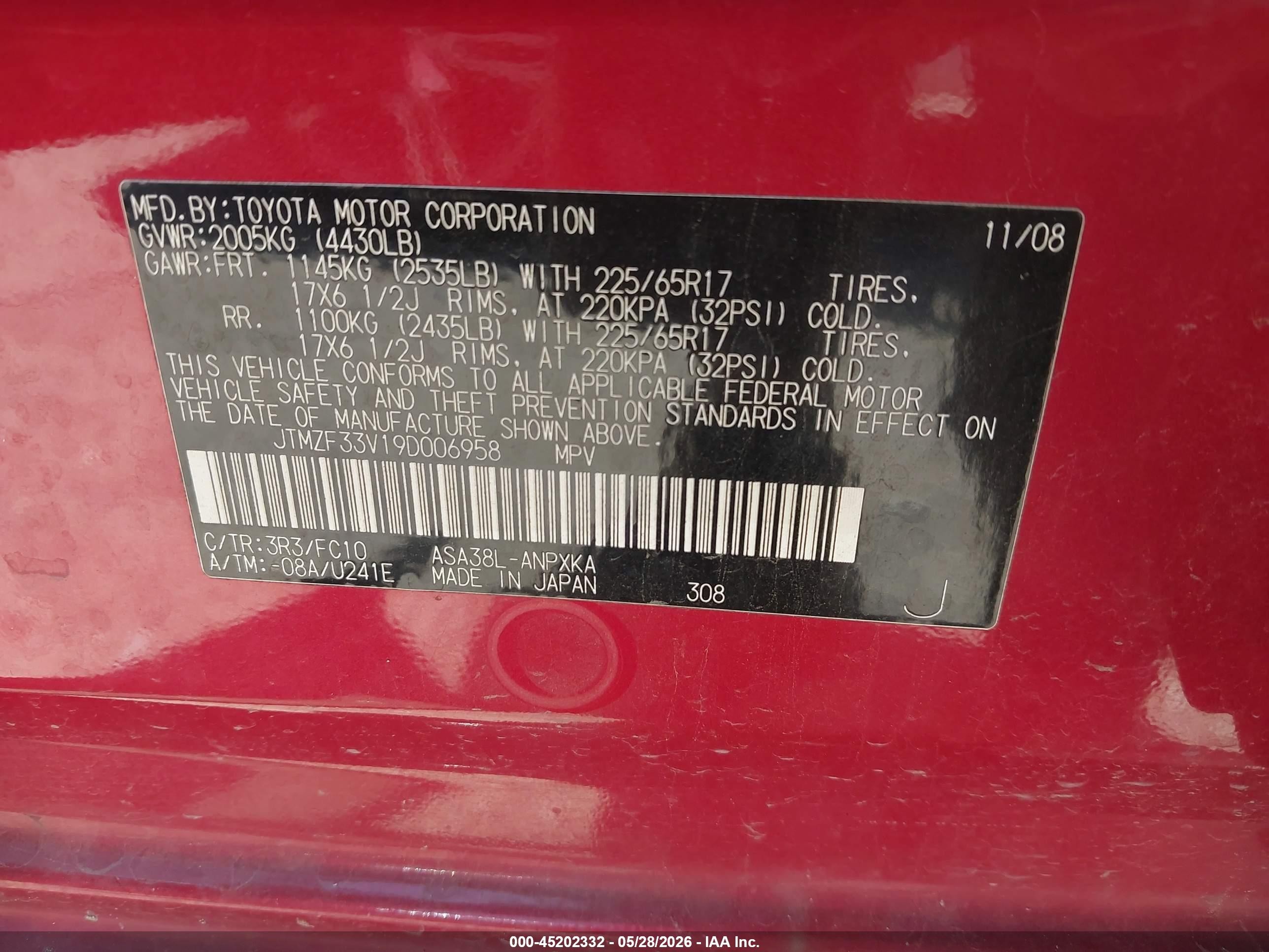2009 Toyota Rav4   Красный vin: JTMZF33V19D006958
