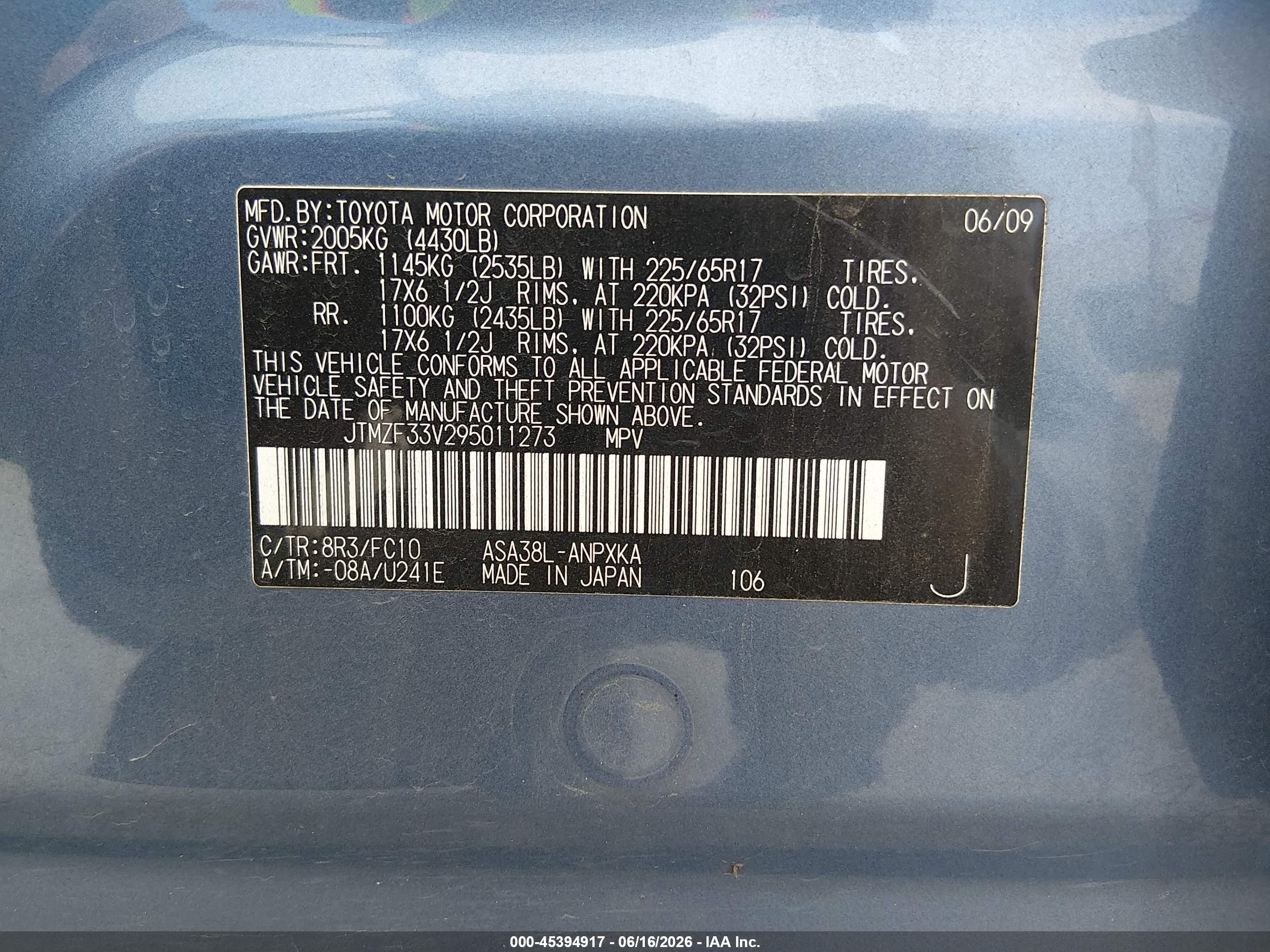 2009 Toyota Rav4   Light Blue vin: JTMZF33V295011273