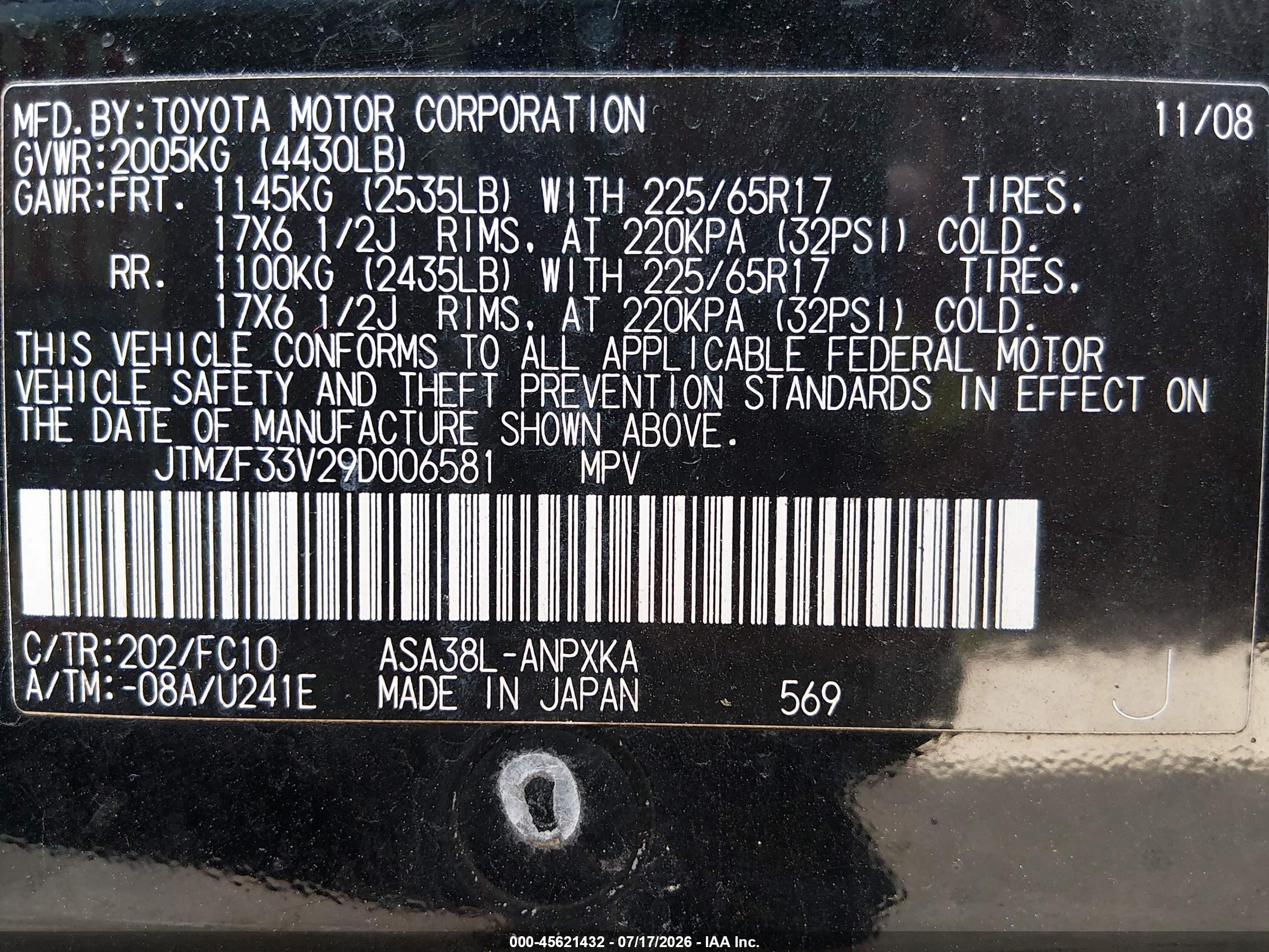 2009 Toyota Rav4   Black vin: JTMZF33V29D006581