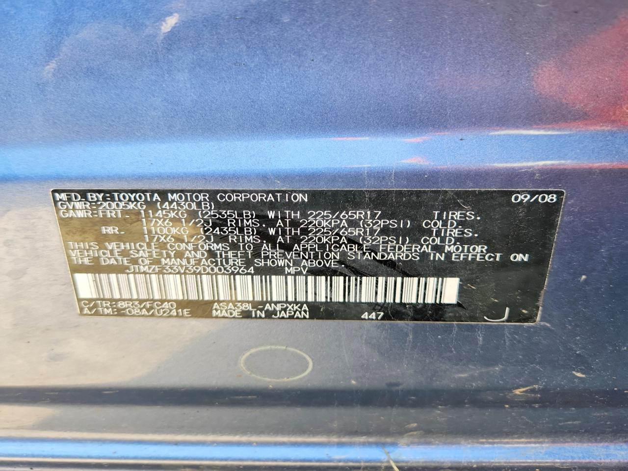 2009 Toyota Rav4 Base Blue vin: JTMZF33V39D003964